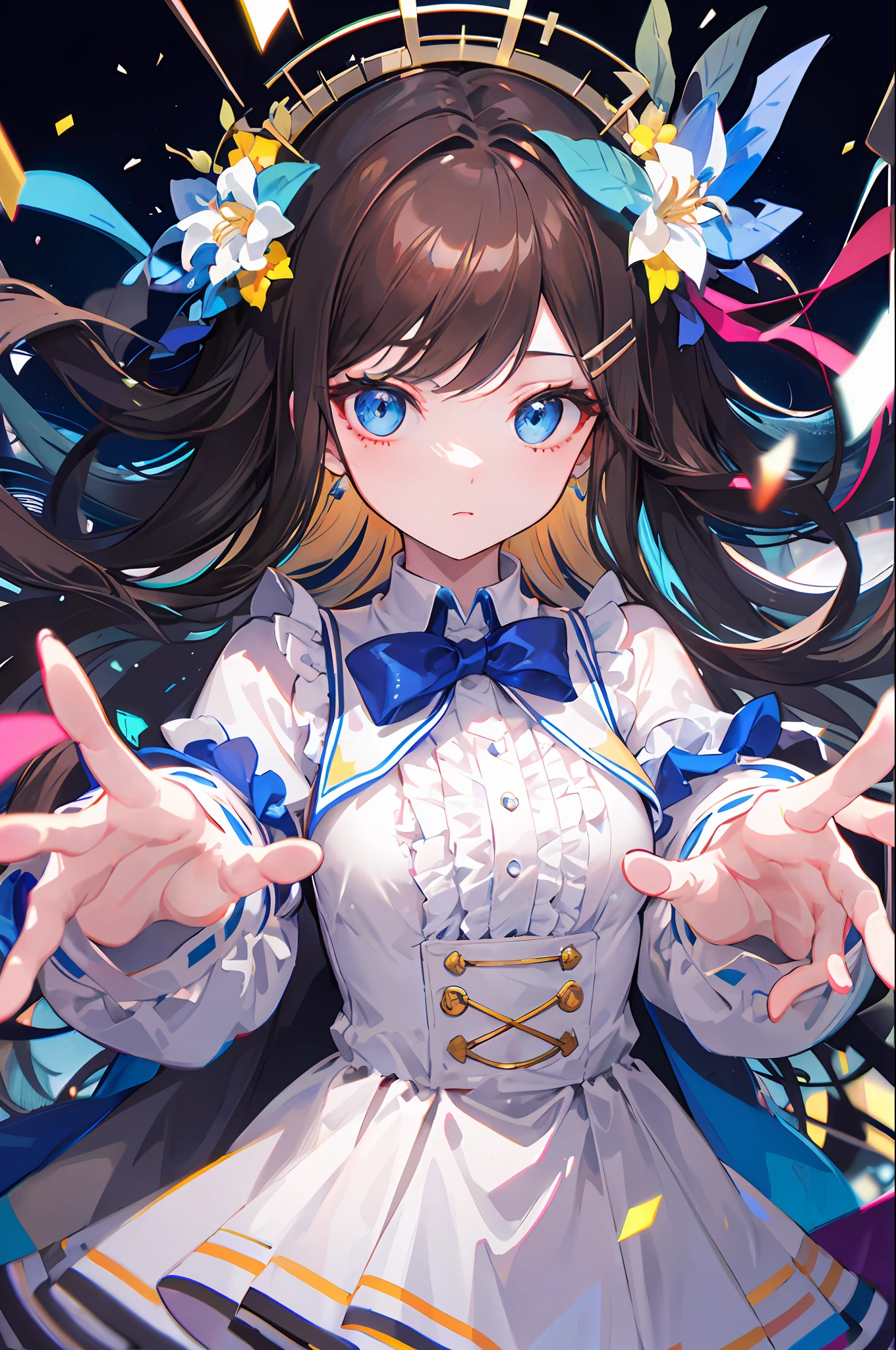 ((illustration)), ((floating hair)), ((chromatic aberration)), ((caustic)), lens flare, dynamic angle, ((portrait)), (1 girl), ((solo)), ((hidden hands)), asymmetrical bangs, (beautiful detailed eyes), ((huge clocks)), ((glass strips)), (floating glass fragments), ((colorful refraction)), (beautiful detailed sky), ((dark intense shadows)), ((cinematic lighting)), ((overexposure)), (expressionless), big top sleeves, ((frills)), hair_ornament, ribbons, bowties, (((small breast))), pleated skirt, ((sharp focus)), ((masterpiece)), (((best quality))), ((extremely detailed)), colorful, brown hair,blue eyes,long hair,white flower,flower on head