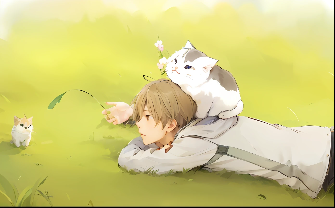 Anime boy lying on the ground,Carrying a cat on his back, natsume yuujinchou, author:Uesaka Seka, anime visual of a cute cat, anime cat, Soft anime illustration, inspired by Kamisaka Sekka, makoto shinkai and (cain kuga), realistic anime cat, author:New Art, ginko showing a new mushi