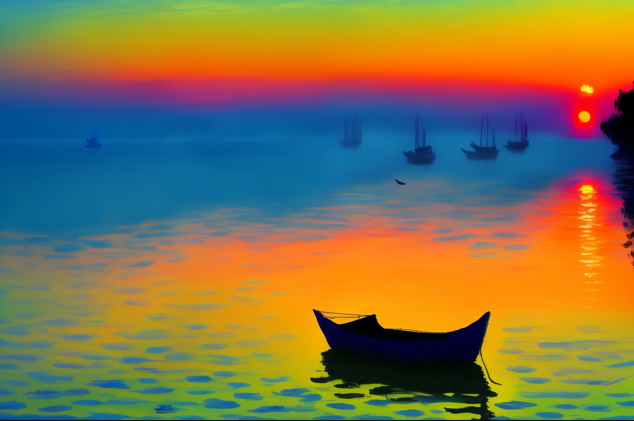 Monet style，sunraise，sea beach，mist，small fishing boat，softlighting，Claude Monet, Monet style, impressionist drawing