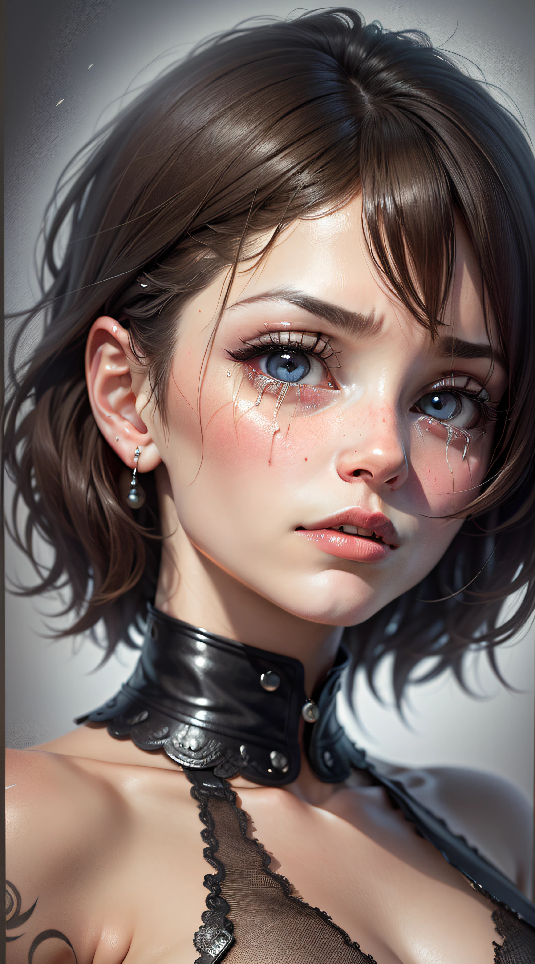 (Obra maestra) Epic moment, intenso momento. realismo, hiperrealismo, Belleza Cara, symmetr, piel verdadera, chica punky, punk, tatoos en la cara, photography portrait. Young girl. llanto, tears on the face. vestido de seda y tacones. gran escote. colorido. ojos orientales. Busto grande, Cicatrices, Expresivo. Luz Caravaggio. classical, religioso. Luz nocturna.