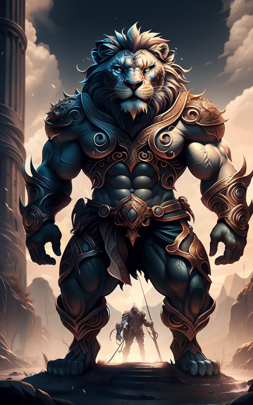 highly detailed fantasy art,1 Anthropomorphism of the lion,Ultra-burly body,highly details eye,pretty eyes,Detailed beautiful face,The body of the animal、furred、musculature、Intricate openwork pattern armor,Thick wild hair,Fantasy setting,Full body standing painting,dynamicposes,white backgrounid,2D character concept,character art,Character portrait,tmasterpiece,best qualtiy,Best resolution,Strong visual impact,8K