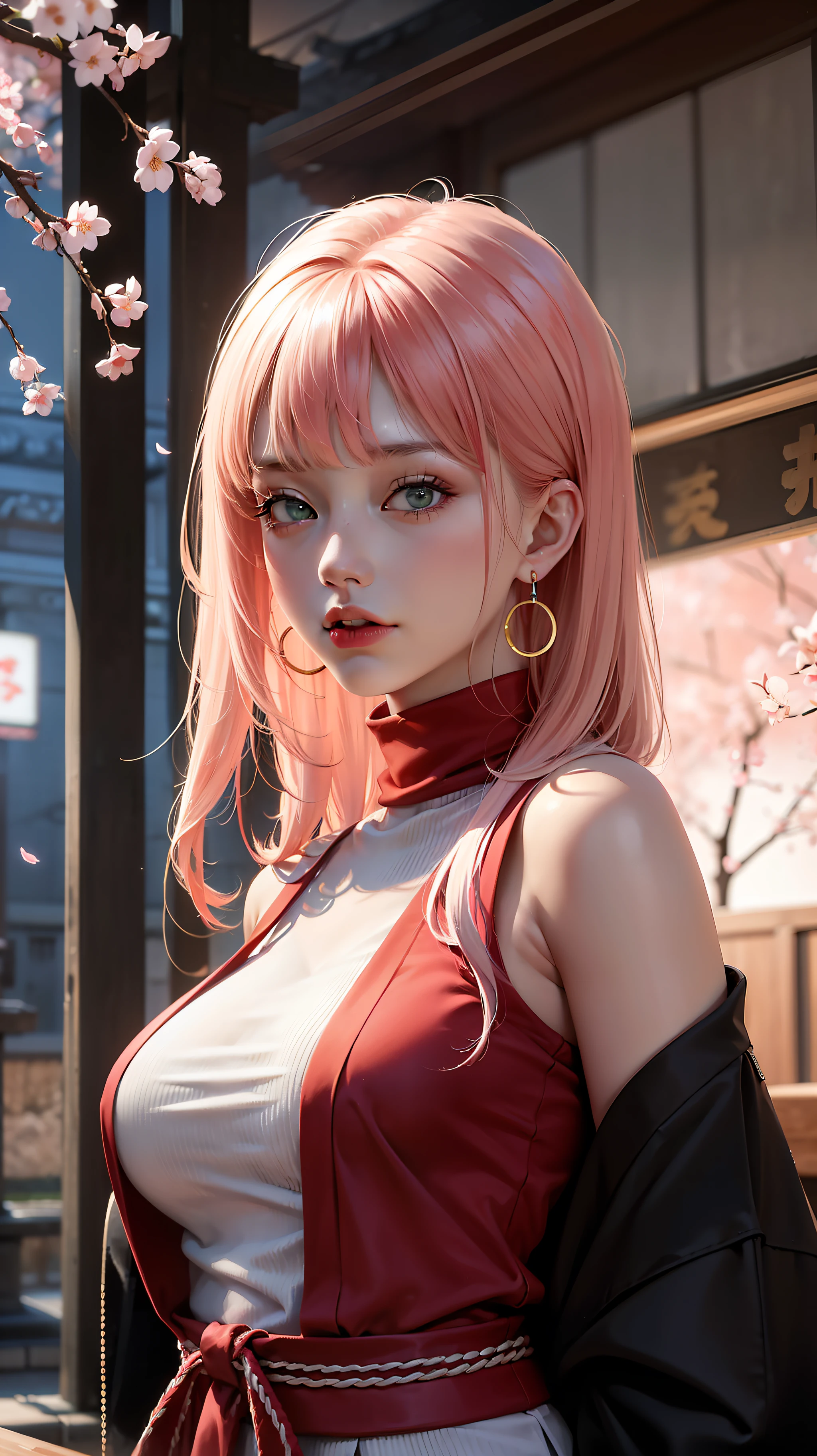 (Masterpiece, Excellent, 1girl, solo, complex details, color difference), realism, ((medium breath)), off-the-shoulders, big breasts, sexy, Yae Miko, long pink hair, red headdress, red highlight, hair above one eye, green eyes, earrings, sharp eyes, perfectly symmetrical figure, choker, neon shirt, open jacket, turtleneck sweater, against the wall, brick wall, graffiti, dim lighting, alley, looking at the audience, ((mean, seductive, charming)), ((cherry blossom background ))),((Japanese temple background)))), (((Glow-in-the-dark background)))