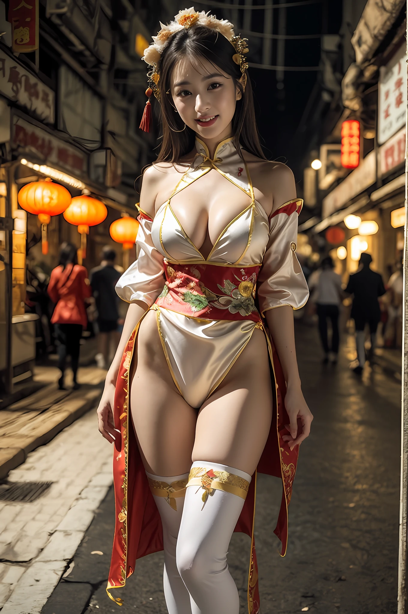 (((long Traditional Chinese costumes outfit comes off))),(((view full body))),(((Show cleavage))),(((bare inner thigh)))、(((show side breast))),(((detached sleeves))),(((over-kneehighs))),ulzzang-6500-v1.1, (Raw photo:1.2), (Photorealsitic:1.4), a beautiful detailed girl, extremely detailed eye and face, beautiful detailed eyes, ultra-detailed, High resolution, top-quality, ​masterpiece, ighly detailed, 8k wallpaper, magnifica, finely detail, top-quality, Light on the face,电影灯光,1girl in,(Kowloon City),Beautiful eyes,a smile,Opening Mouth