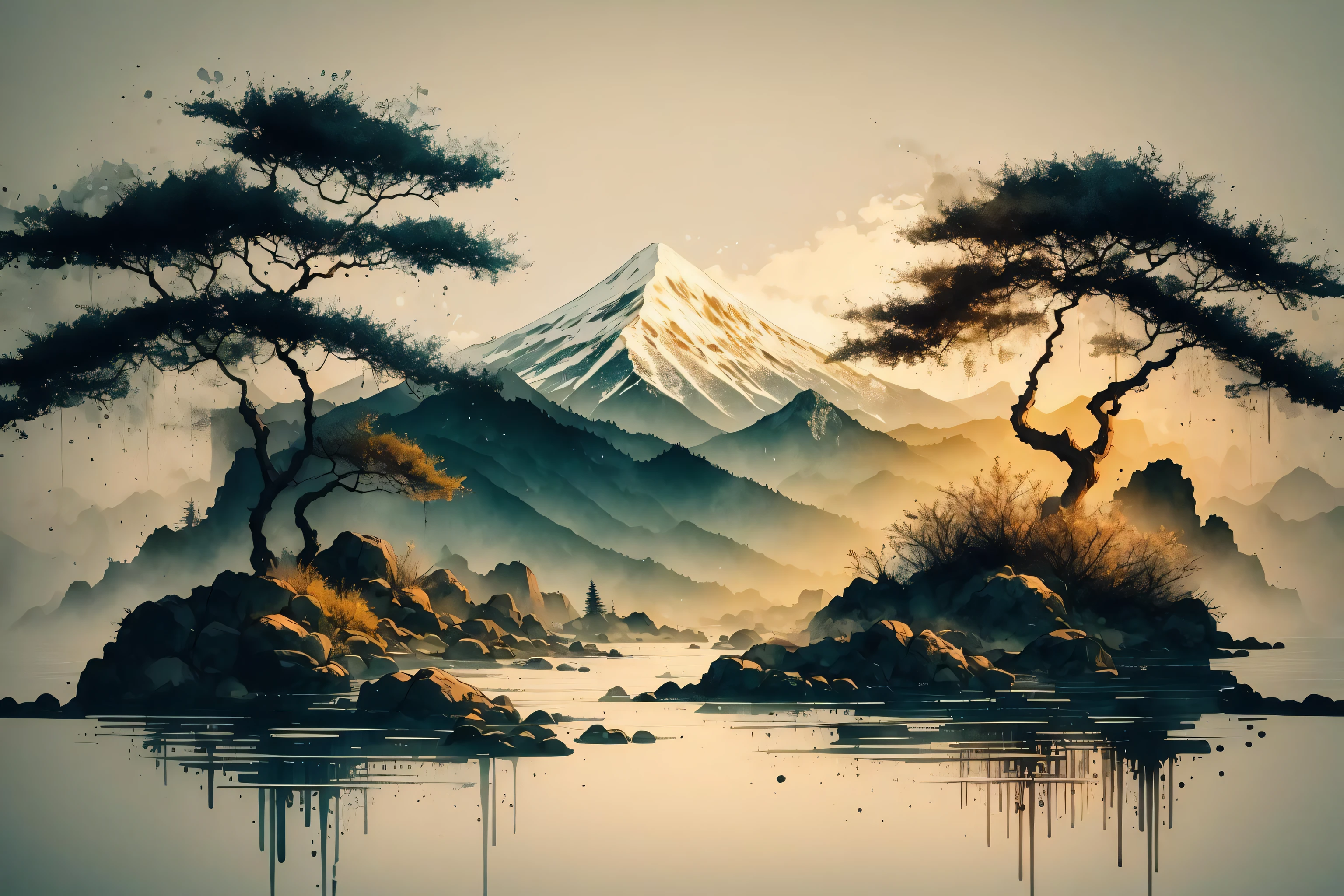 white background, scenery, ink, mountains, water, trees