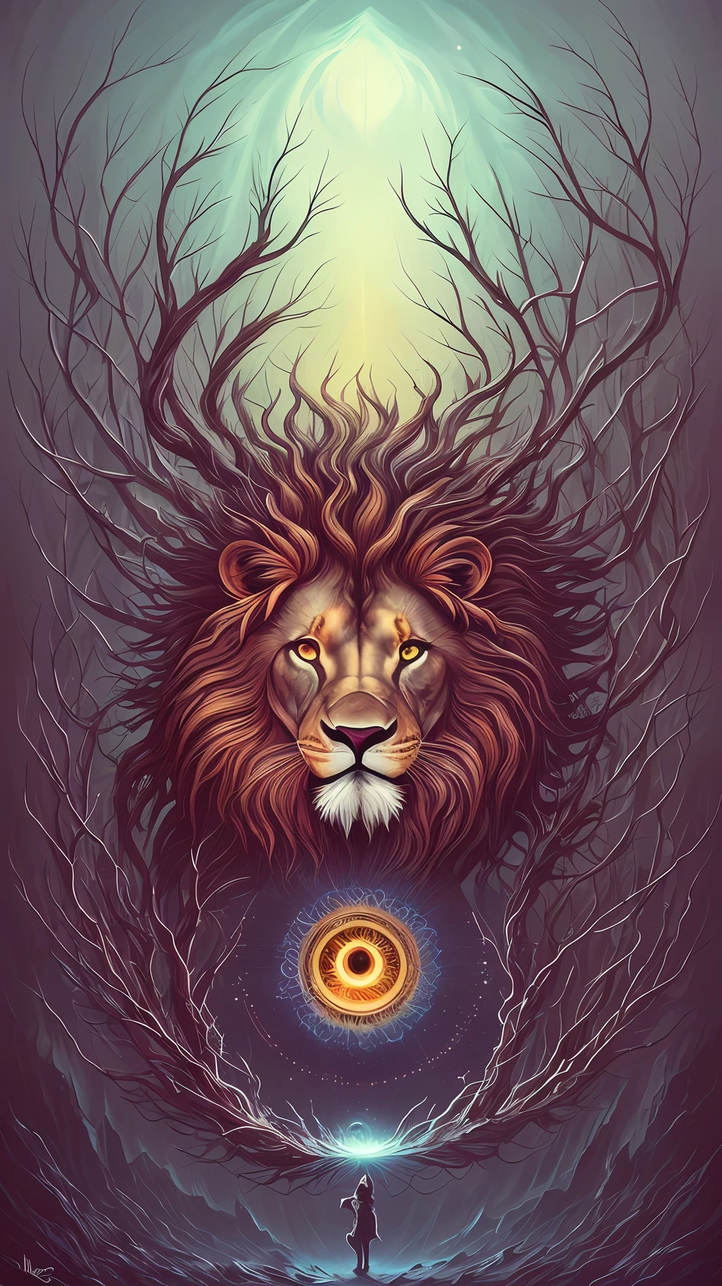 Lion with a lot of hair on it's head, third eye, staring at something in the distance, intricate details, electric, fantasy art, Anato Finnstark, emulsion painting, highly detailed, misty
rutkowski, hdr, hyperdetailed, rim light, faded, dim