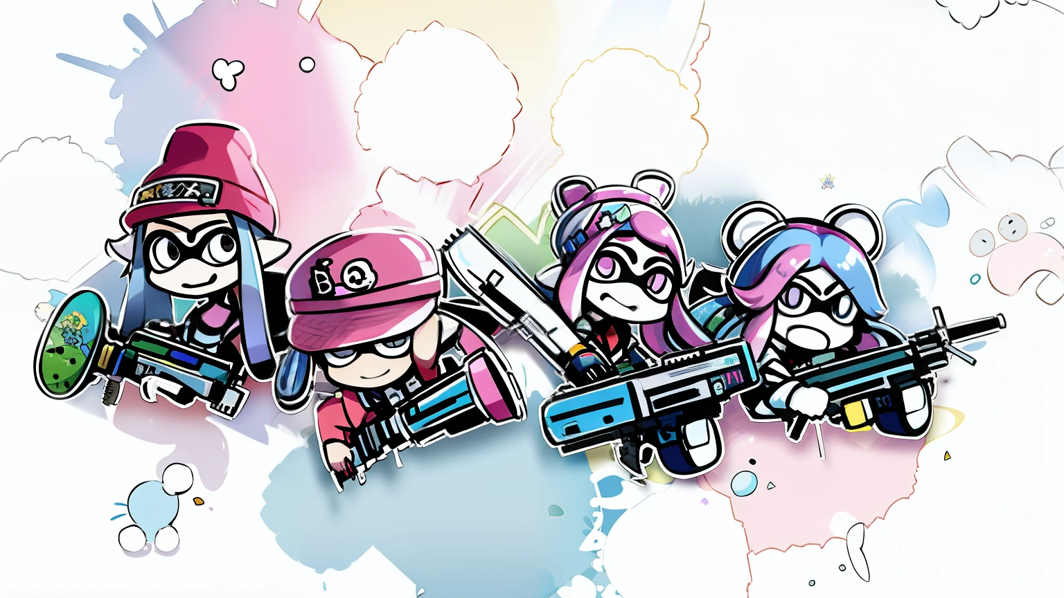 Cartoon of a group of people with guns and hats, with splatoon style, squids, Platoon, 🪔 🎨;🌞🌄, Row 3, High-quality fanart, the wallpaper!, official fanart, inspired by Akihiko Yoshida, intense line art, Shading!!!, For AAA games, cheerfulness!!!, author:New Art, monet and da vinchi art style