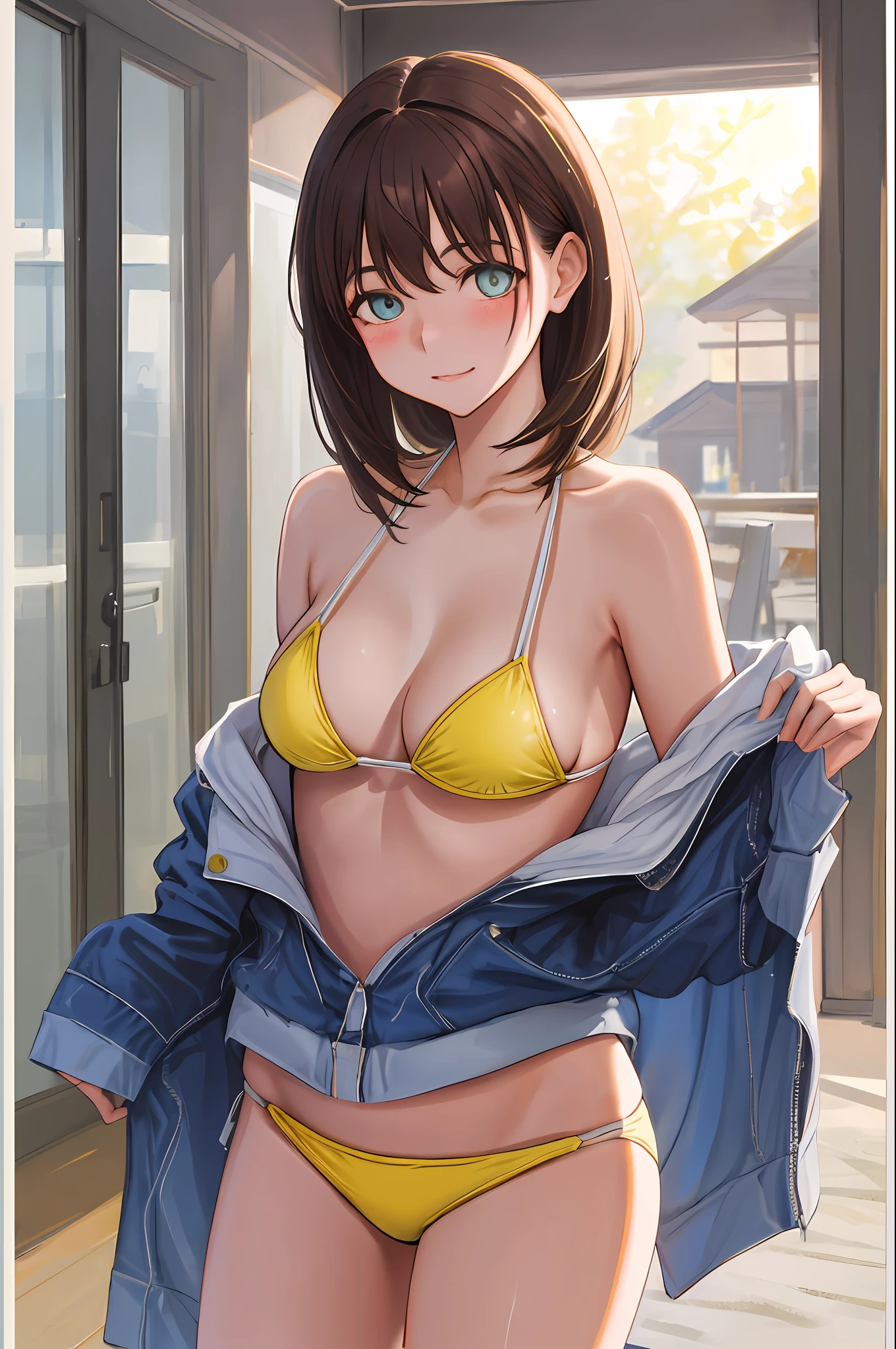 ((masutepiece)), ((Best Quality)), (Ultra-detailed), ((Extremely detailed)), 4K, (8K), Best Quality, (((Cowboy Shot))), (Beautiful), ((smil)), Cute , Solo, (((Beautiful eyes:1.5))), blush, Best Quality, High resolution, 1girl in, Middle hair, (((Large breasts))), Bangs, Purple eyes, Brown hair, (((Yellow Bikini))), ((Beautiful sea)), On the beach,