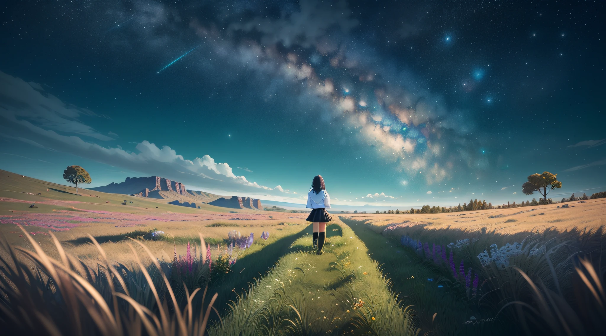 (masterpiece), (best quality), (ultra-detailed), (Amazing:1.1), 12mm f2.8 lens, midnight view, starry skies fantasy, ((((full body), back shot, lie))), ((((A high school girl with a full body back shot in the wilderness)))), (((((lie on the grass without looking at me))))), ((A beautiful high school girl lost in a surreal world of dreamlike landscapes)), (17 yr old), (((An over the horizon grassy road))), wind flow, flowers bloom, (((wearing simple school uniform))), black hair, 8 life size, detailed hairstyles, detailed bodyline, (((fantasy))), frontier, surrealism, (magnificent space), concept art, raw, wallpaper, poster, sharp focus, hyperrealism, crystalline, perfectionism, 4k UHD,