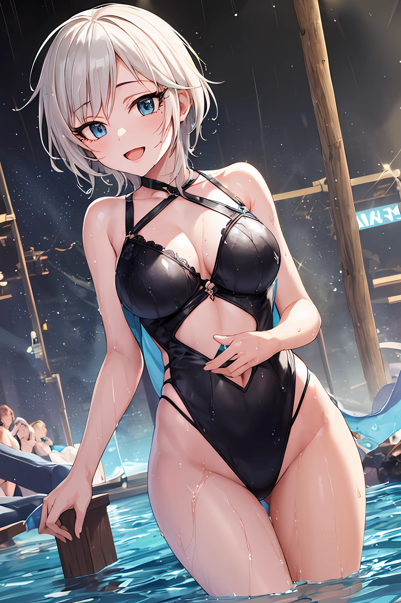 ​masterpiece, top-quality, hight resolution, 1girl in, white  hair, shorth hair, blue eyess, Medium chest, wave her hand, Idol, doress, hair adornments, A smile, open open mouth, stage, The Idolmaster Cinderella Girls,Sexy swimming costume、Heavy rain、(The whole body is soaking wet:1.8)、((Light swimwear))、(Swimsuit that gets wet from the rain and shows through the skin:1.5)、(Swimsuit that gets wet from the rain and sticks to the skin:1.5)、