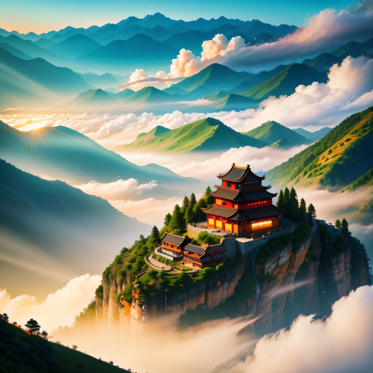 China Early morning sun rays Small villages deep in the mountains Smoke rising from chimneys Midsummer