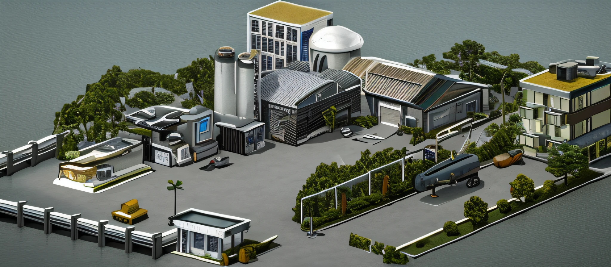 Close-up of a building with a large number of trees and buildings, Factory background, prerendered isometric graphics, industrial plant environment, industrial setting, industrial architecture, isometric invironment, hyper detailed scene, industrial setting, detailed factory, industrial surrounding, industrial complex, isometric pixel art, isometric game art, video game assets, mills, detailed scene，modernn architecture，hdr，Realistic tones，