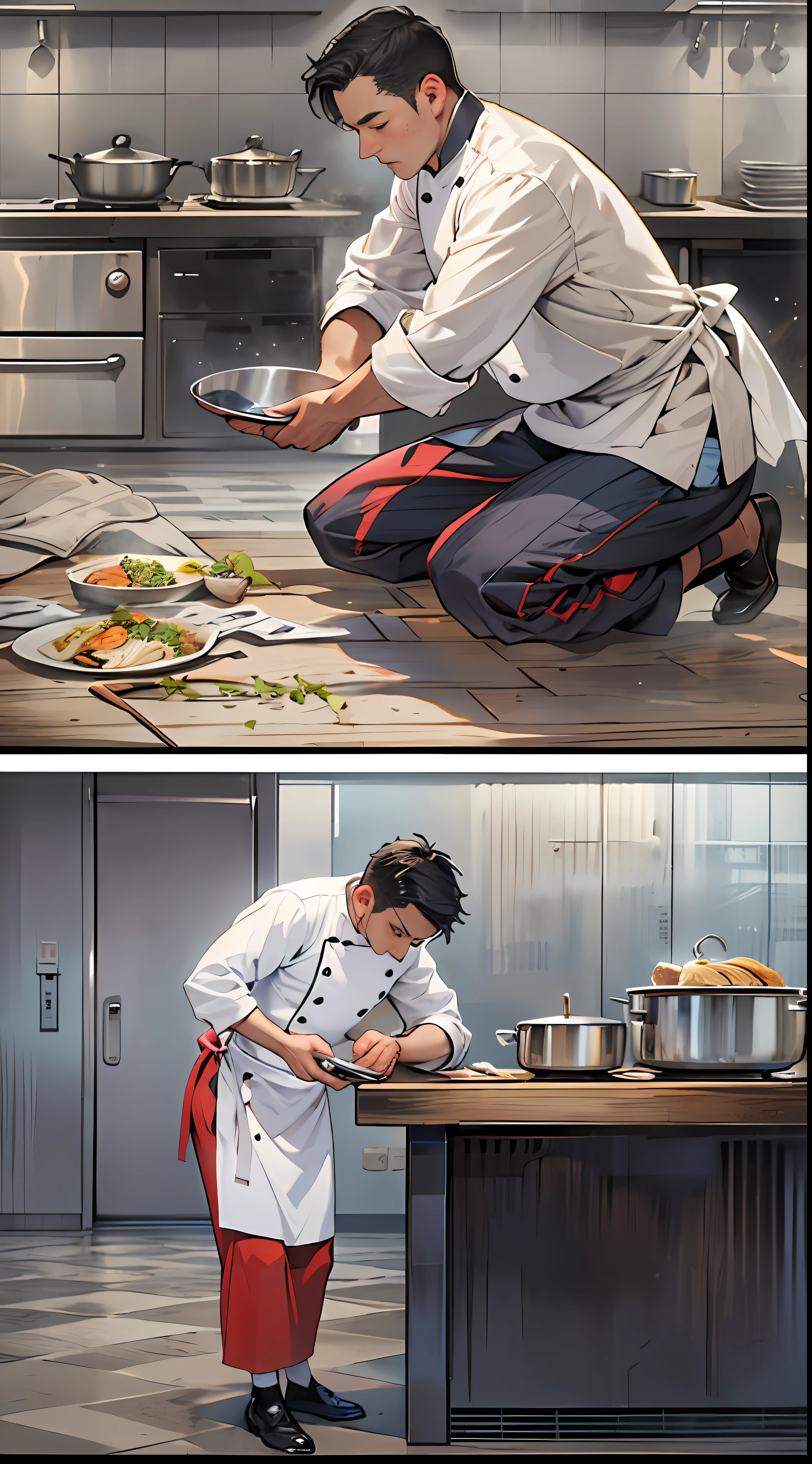 In the distance, the 7-star hotel heard the noise of the kitchen，Middle-aged male head chef kneeling on the ground，With his hands folded, he begged the young male chef to take him as an apprentice。Best quality，Masterpiece level，super detailing，Highly delicate。