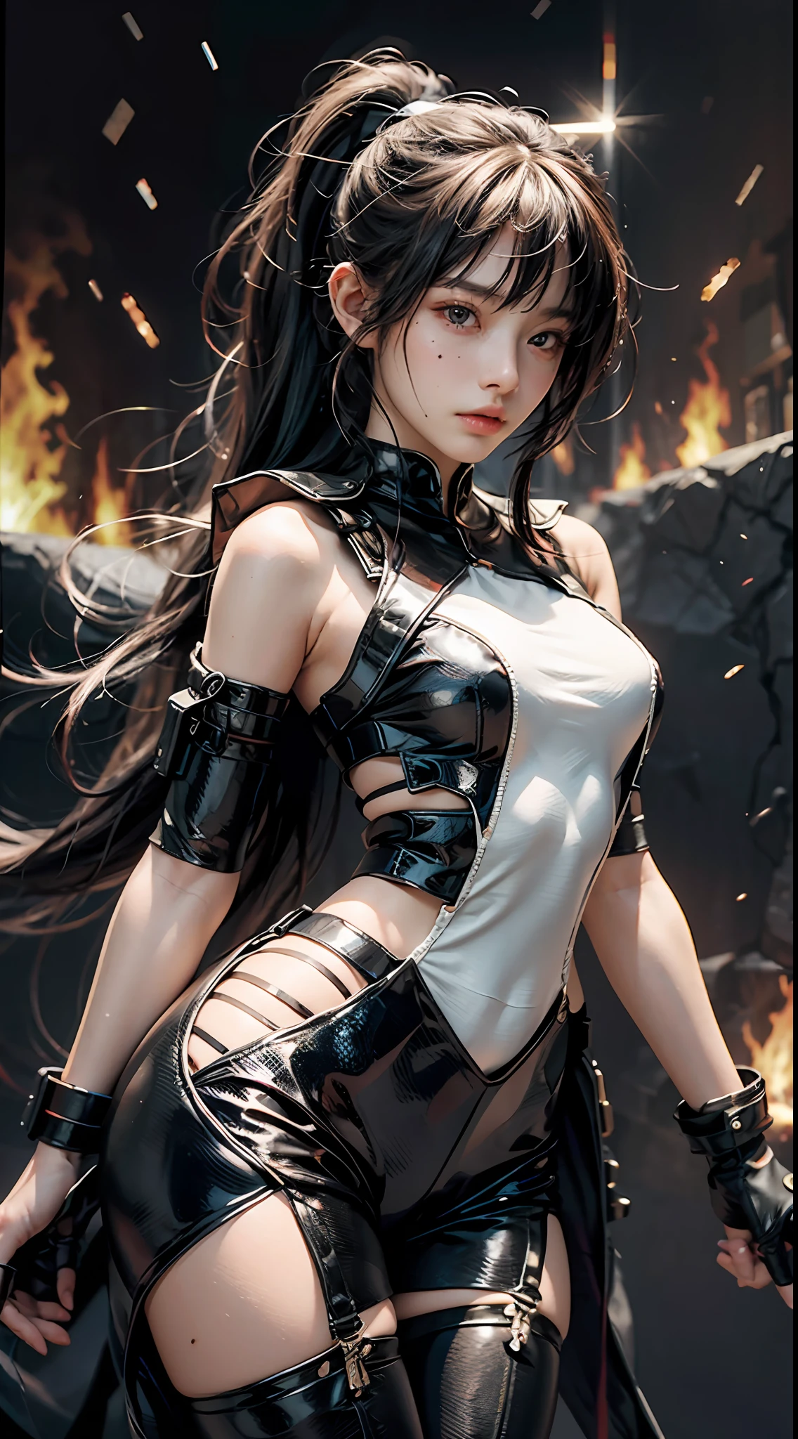 best qualtiy，tmasterpiece，超高分辨率，19-year-old girl，Slim figure，Farsighted distance，slender figures，with fair skin，Very white skin，Very long hair，pony tails，Black SWAT uniform，SWAT uniform，火焰，fires，The fire burst into the sky，（Fidelity：1.4），RAW photogr，1girll，（The upper part of the body：1.5），Bigchest (D), Moles under eyes，Pointy ears, Reflectors, Ray tracing, f/16, 8K, Super detail, hyper HD, Anatomically correct, Textured skin, High quality, High details, Best quality, 16k
