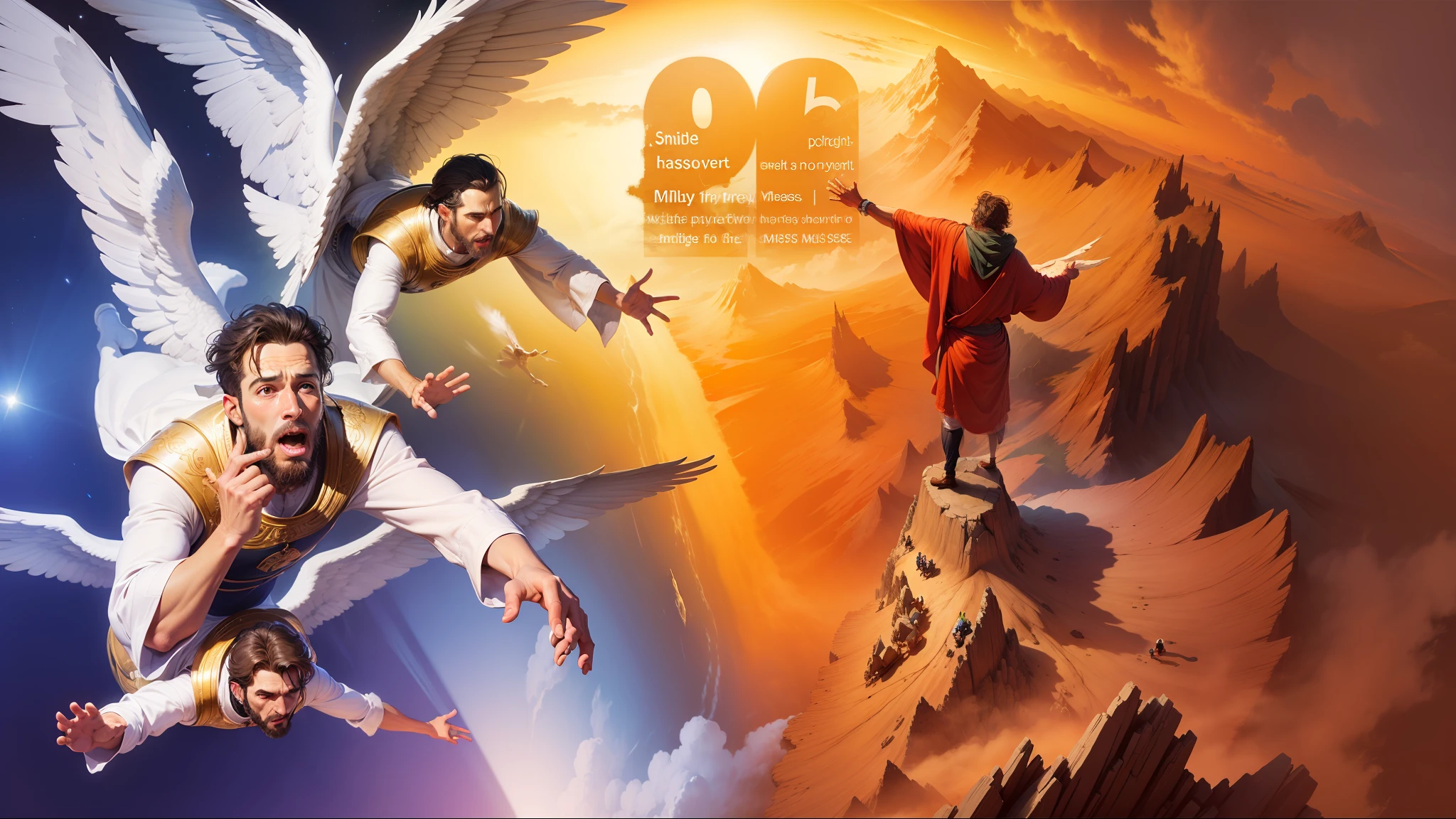 3 angels men flying through the middle of heaven preaching the word of God. And Moses from the Bible on the right side of the image looking at the 10 Commandments at the top of Mount Sinai.