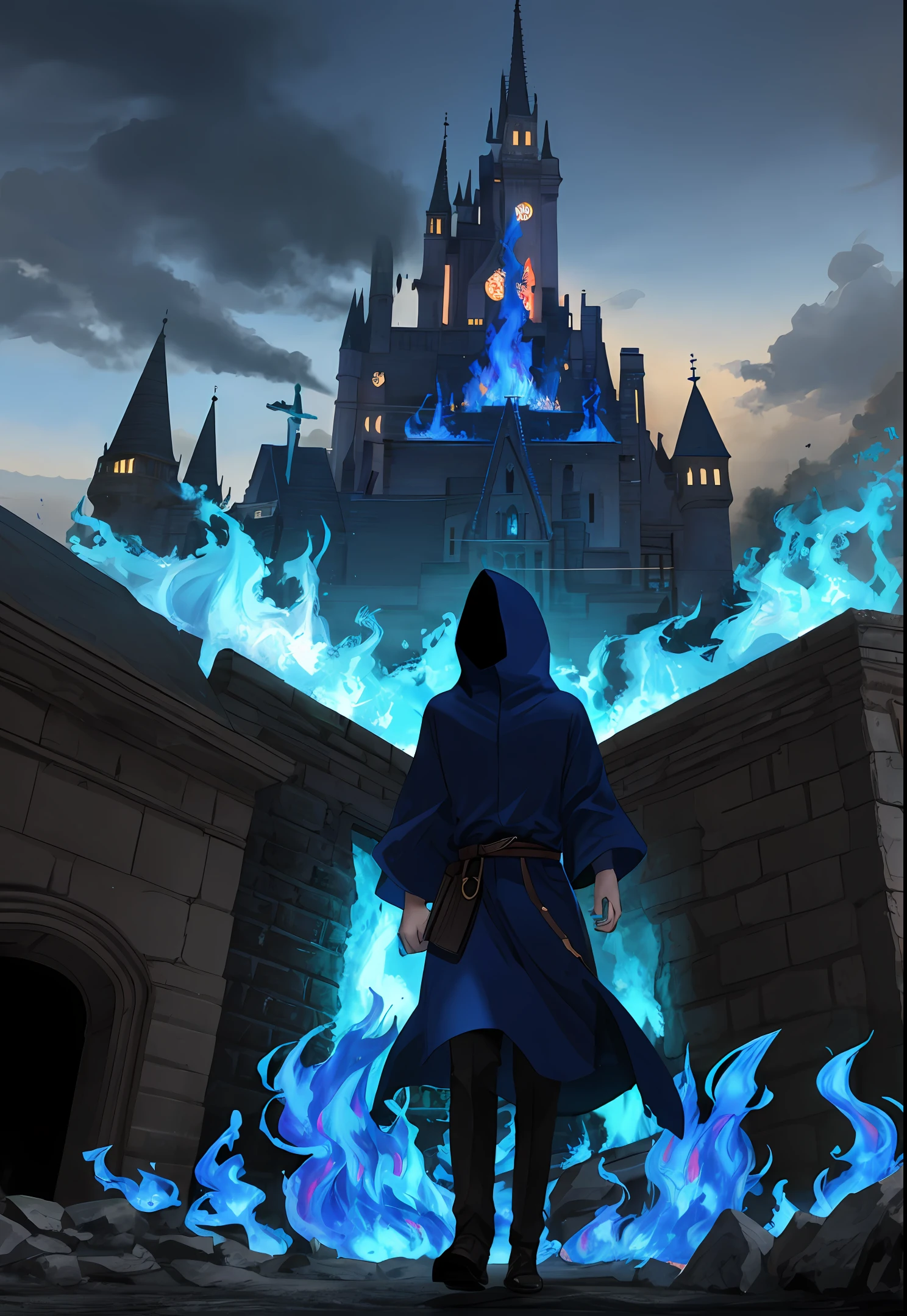 City of Azure fire, BLUE Flames, castle in Background, Front view, hooded citzens
