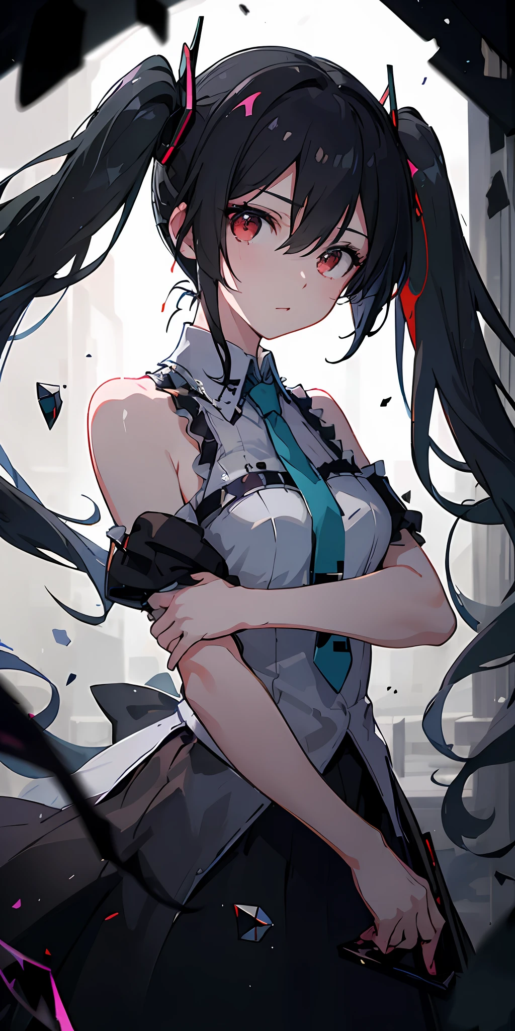 (masterpiece、top-quality、ultra-detailliert、Best Shadows)、(细致背景、Dark Fantasy)、(beautifull detailed face)、highly contrast、(The best lighting、extremely delicate and beautiful)、((Cinematic Light))、colourfull、Hyper-detailing、Dramatic light、intricate detailes、(miku hatsune、独奏、A dark-haired、Sharp face、low twintails、red eyes、hair between eye、dynamic ungle)、blood splattere、Black lights swirling around the character、depth of fields、Black light particles、(Broken glass)、magic circles、