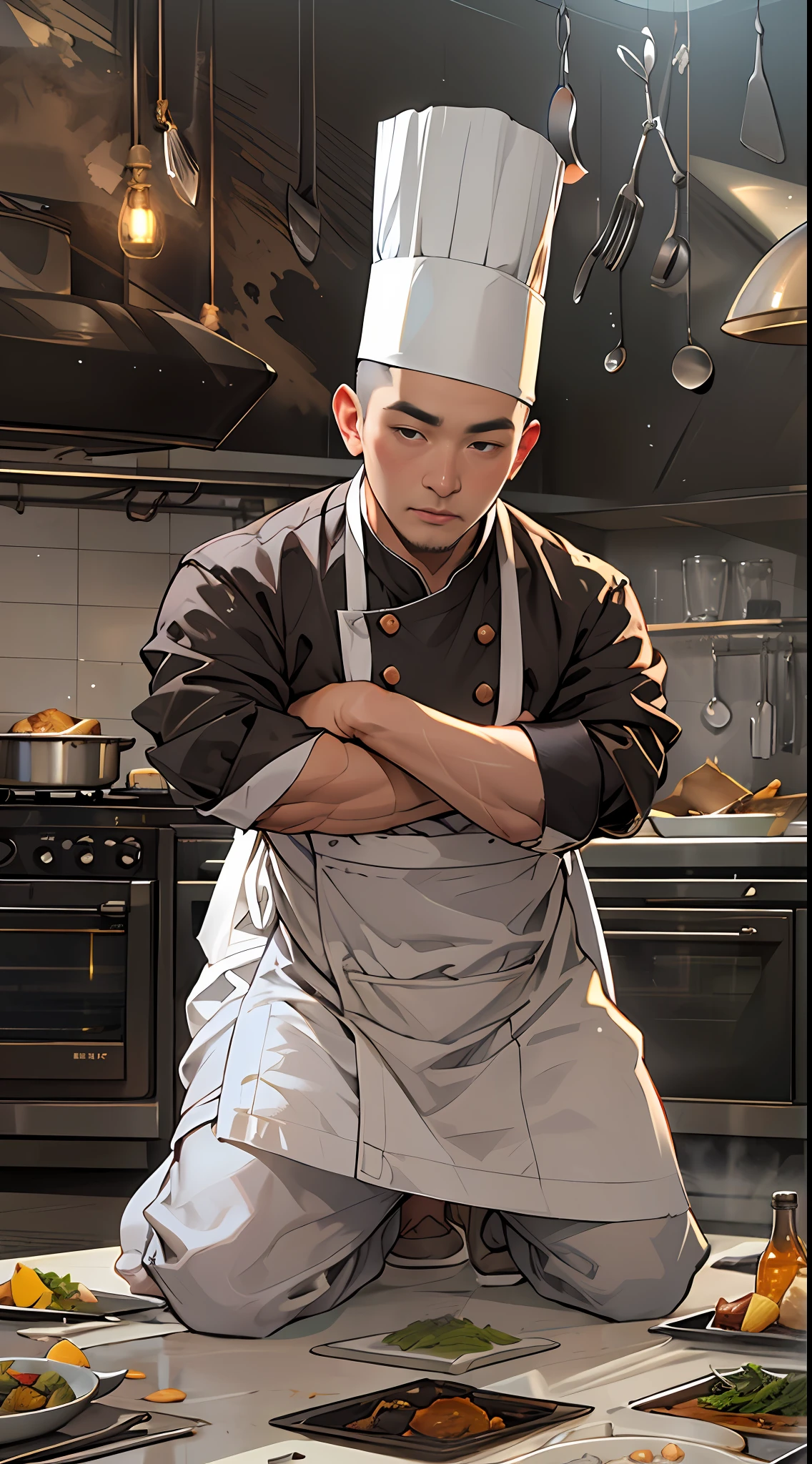 In the distance, the 7-star hotel heard the noise of the kitchen,Middle-aged male head chef kneeling on the ground,With his hands folded, he begged the young male chef to take him as an apprentice。Best quality,Masterpiece level,super detailing,Highly delicate。