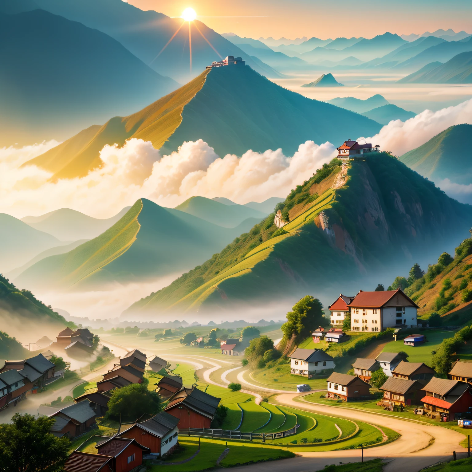 China Early morning Sunlight Small villages deep in the mountains Smoke coming from chimneys Farmland Chicken Duck Goose Cow Rural dirt road Farmland Stream River People working in the fields