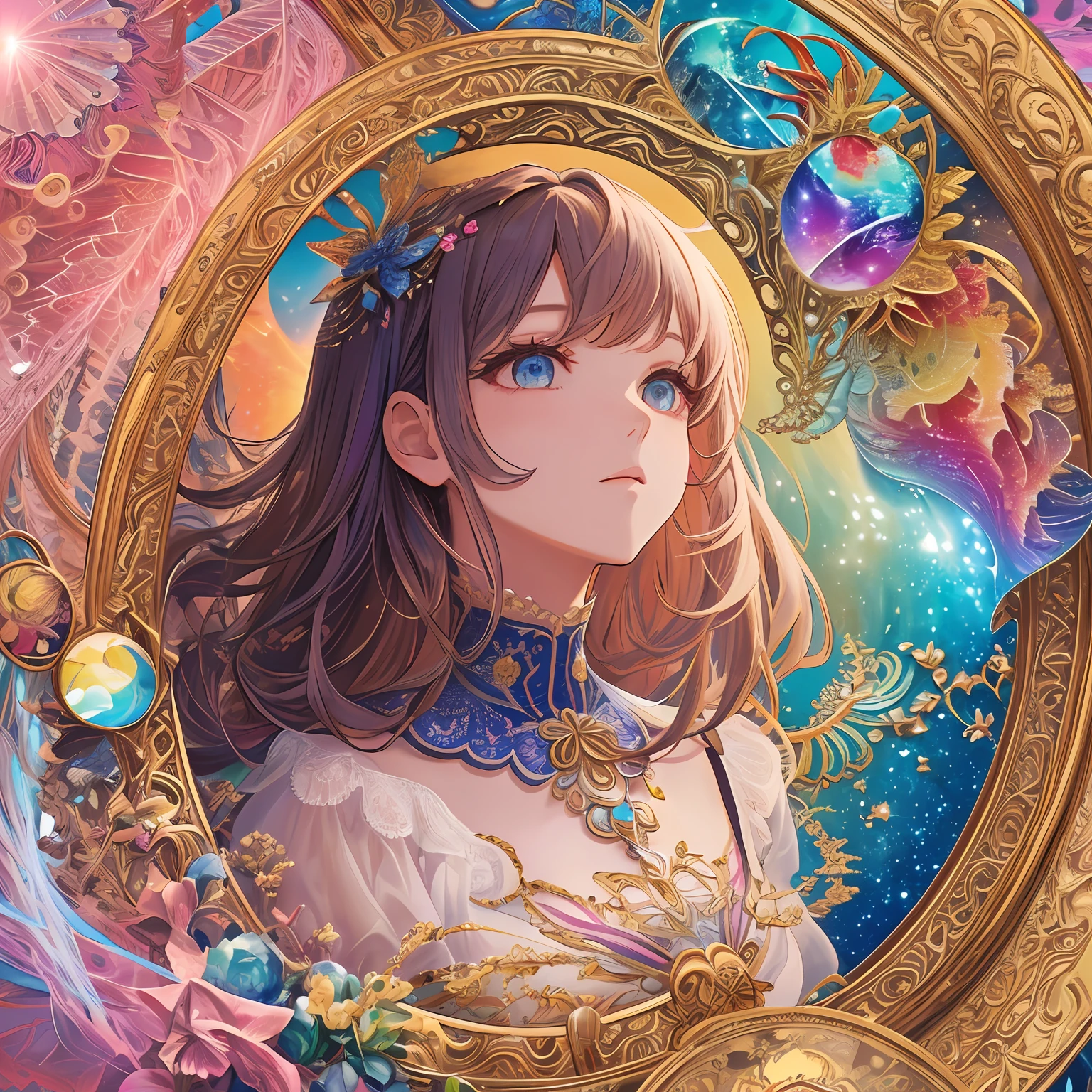 1 beautiful girl、(masterpiece、top-quality、top-quality、Beautifully Aesthetic:1.2)、(1girl in:1.3)、(Fractal Art:1.3)、Delicate round picture frame、Delicate clothes、Rainbow Dancing Hair、starrysky、look up to