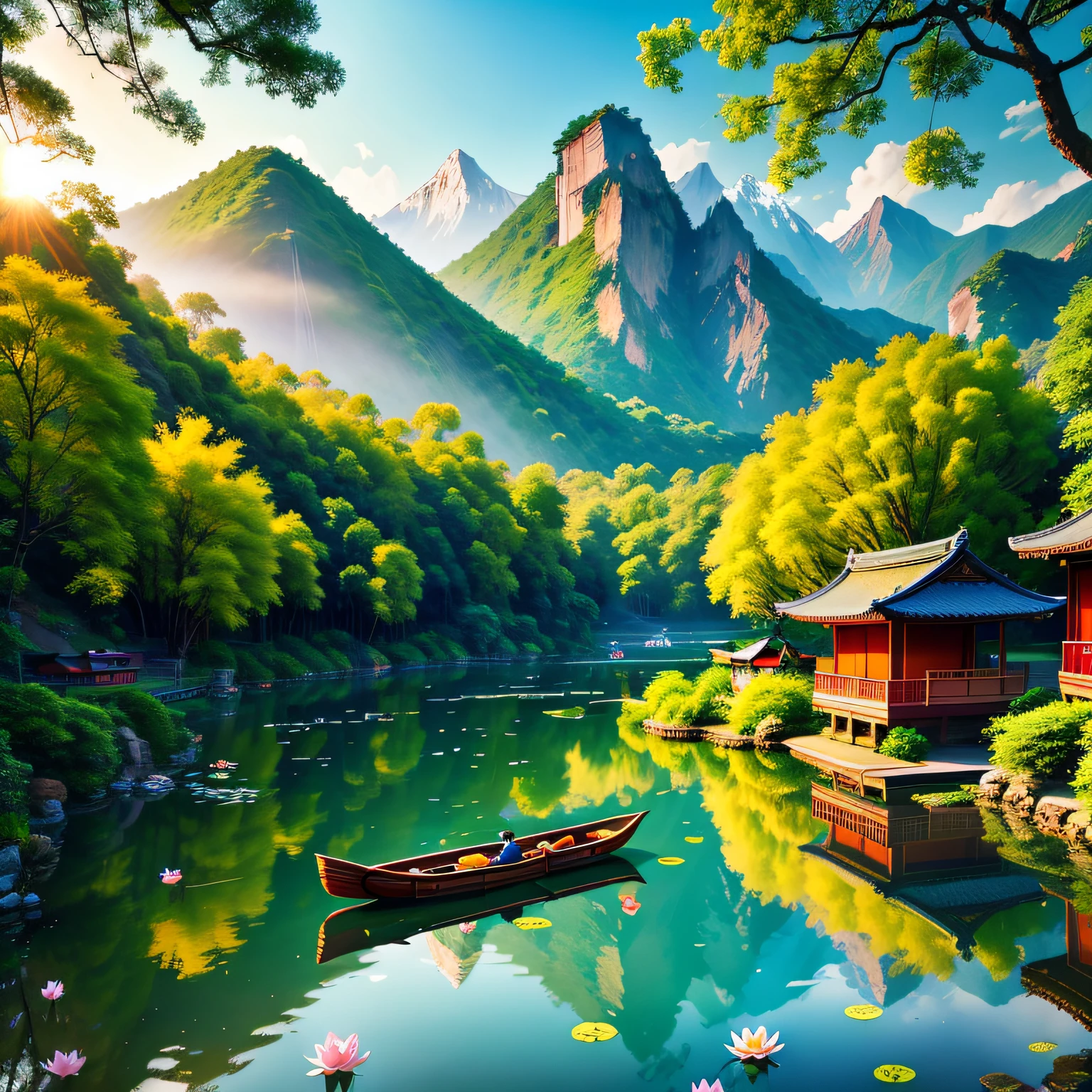 China Early morning Sunlight Small village deep in the mountains Big pond Lush lotus leaves Lush lotus flowers There are koi swimming in the pond There are small wooden boats Fishermen on board casting nets Osprey standing at the bow of the pond There are willow trees fluttering in the wind by the pond