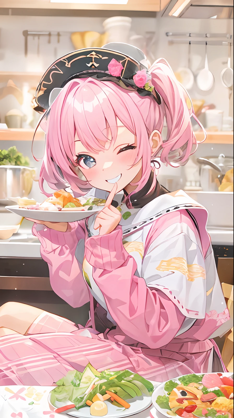 The image of a cute girl who likes pink, appearance々Eat a feast of dishes, With a smile and posing for the camera, With cute gestures.