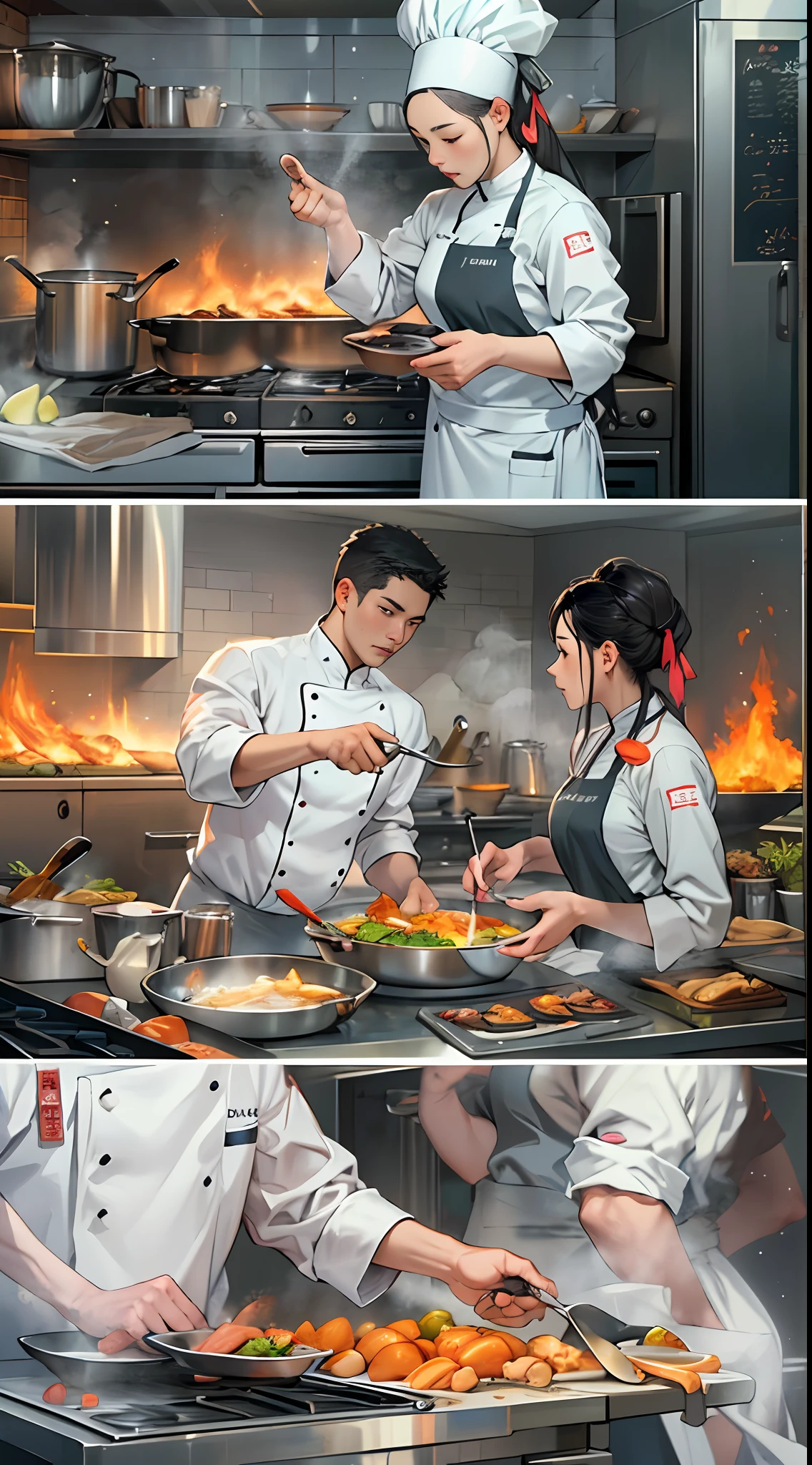 Photo of chef cooking in flameless kitchen, in the style of the stars art group xing xing, realistic yet romantic, he jiaying, Handsome, Gray and amber, Heroic, Smooth and shiny ,32K, Best quality, Masterpiece, Super detail, High details