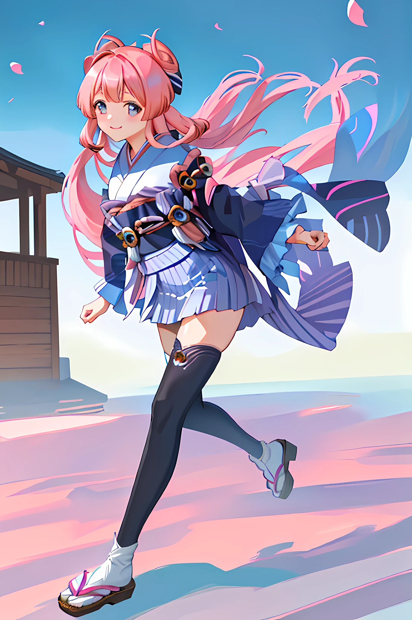 8K,((Masterpiece,Ultra-detailed, Intricate details, mid quality,illustration)),1girll, Solo, A high resolution, view the viewer, Pink hair, Long hair,The hair gradually turns blue at the ends, Smiling, Wearing a kimono,wearing short skirt,street, cherry tree, with petals falling,Dancing,sunlight shining through, solar system,Feminine, empowering, Beautiful, Detailed,Wide shot,Pink and blue gradient eyes,((sangonomiya kokomi))