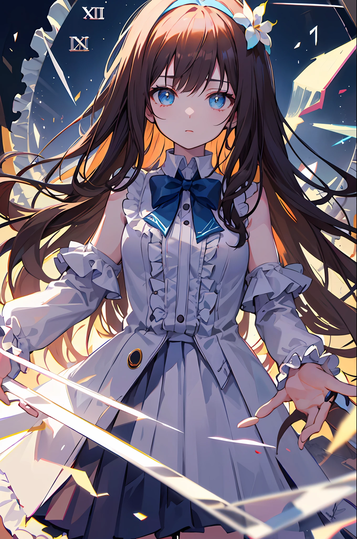 ((illustration)), ((floating hair)), ((chromatic aberration)), ((caustic)), lens flare, dynamic angle,  ((portrait)),  (1 girl), ((solo)), ((hidden hands)), asymmetrical bangs, (beautiful detailed eyes), ((huge clocks)),  ((glass strips)), (floating glass fragments), ((colorful refraction)), (beautiful detailed sky), ((dark intense shadows)), ((cinematic lighting)), ((overexposure)), (expressionless),  big top sleeves, ((frills)), hair_ornament, ribbons, bowties,  (((small breast))), pleated skirt, ((sharp focus)), ((masterpiece)), (((best quality))), ((extremely detailed)), colorful, brown hair,blue eyes,long hair,white flower,flower on head,loli,little girl,long hair