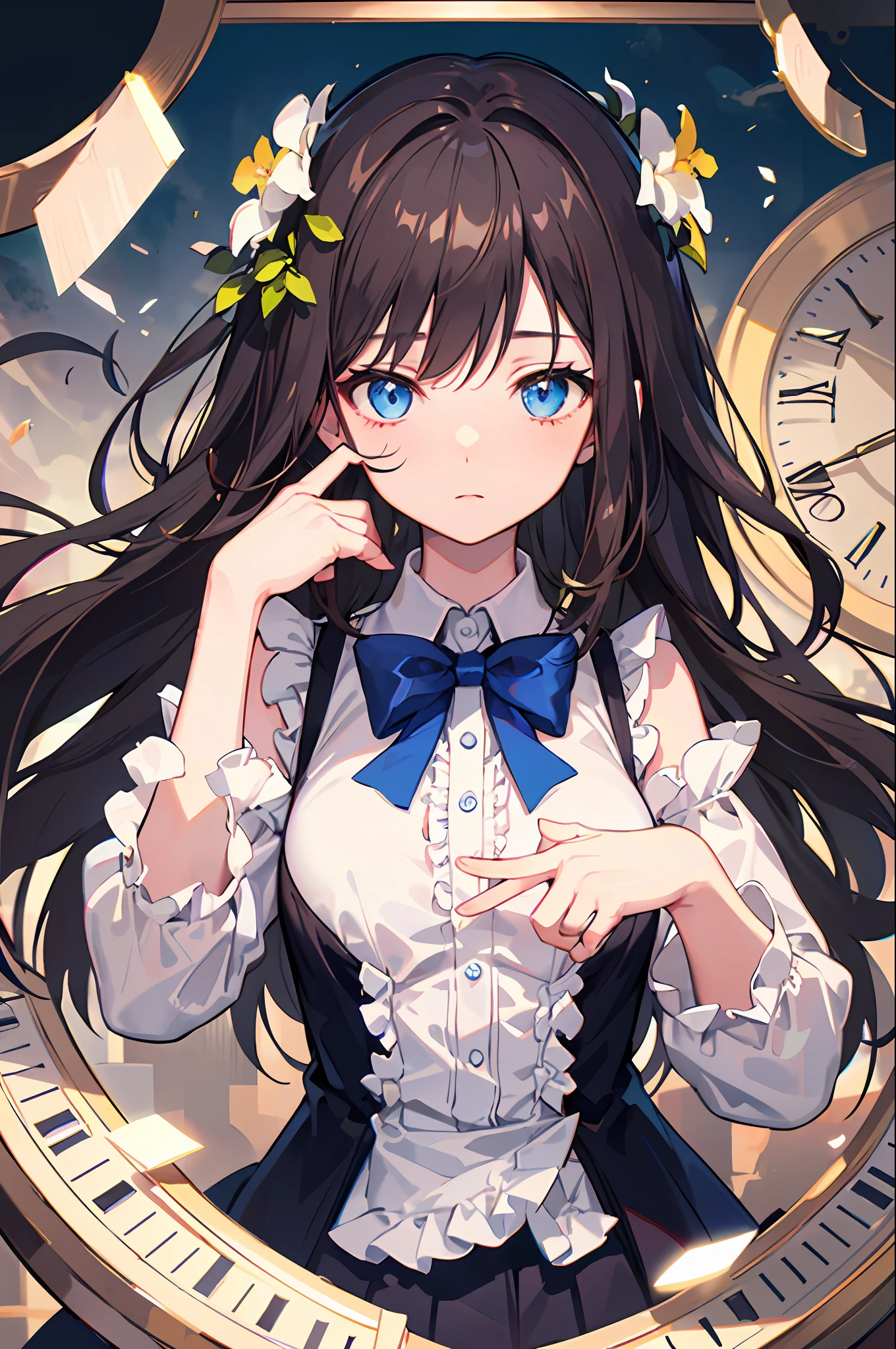 ((illustration)), ((floating hair)), ((chromatic aberration)), ((caustic)), lens flare, dynamic angle, ((portrait)), (1 girl), ((solo)), ((hidden hands)), asymmetrical bangs, (beautiful detailed eyes), ((huge clocks)), ((glass strips)), (floating glass fragments), ((colorful refraction)), (beautiful detailed sky), ((dark intense shadows)), ((cinematic lighting)), ((overexposure)), (expressionless), big top sleeves, ((frills)), hair_ornament, ribbons, bowties, (((small breast))), pleated skirt, ((sharp focus)), ((masterpiece)), (((best quality))), ((extremely detailed)), colorful, brown hair,blue eyes,long hair,white flower,flower on head,loli,little girl,long hair