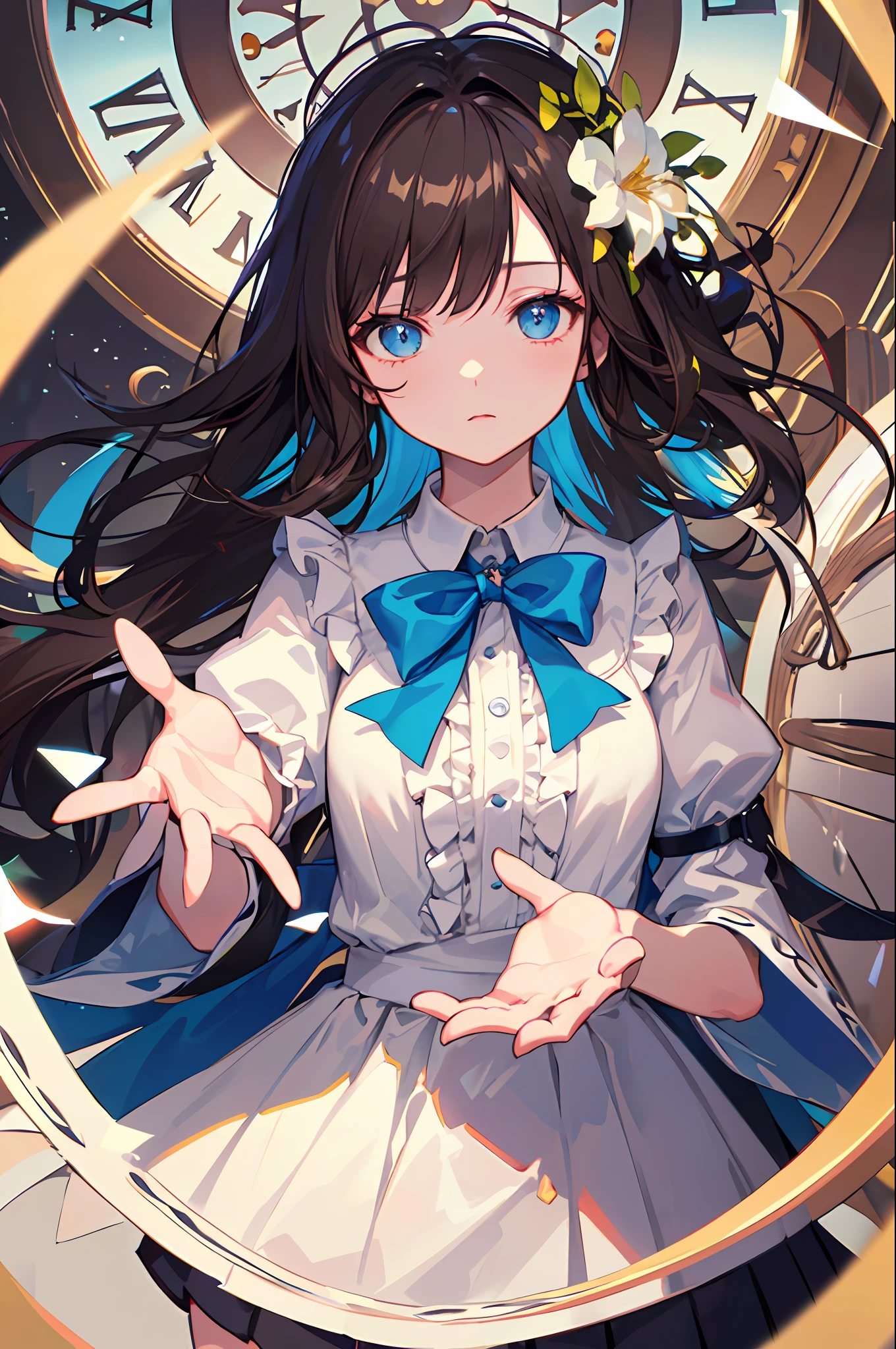 ((illustration)), ((floating hair)), ((chromatic aberration)), ((caustic)), lens flare, dynamic angle,  ((portrait)),  (1 girl), ((solo)), ((hidden hands)), asymmetrical bangs, (beautiful detailed eyes), ((huge clocks)),  ((glass strips)), (floating glass fragments), ((colorful refraction)), (beautiful detailed sky), ((dark intense shadows)), ((cinematic lighting)), ((overexposure)), (expressionless),  big top sleeves, ((frills)), hair_ornament, ribbons, bowties,  (((small breast))), pleated skirt, ((sharp focus)), ((masterpiece)), (((best quality))), ((extremely detailed)), colorful, brown hair,blue eyes,long hair,white flower,flower on head,loli,little girl,long hair