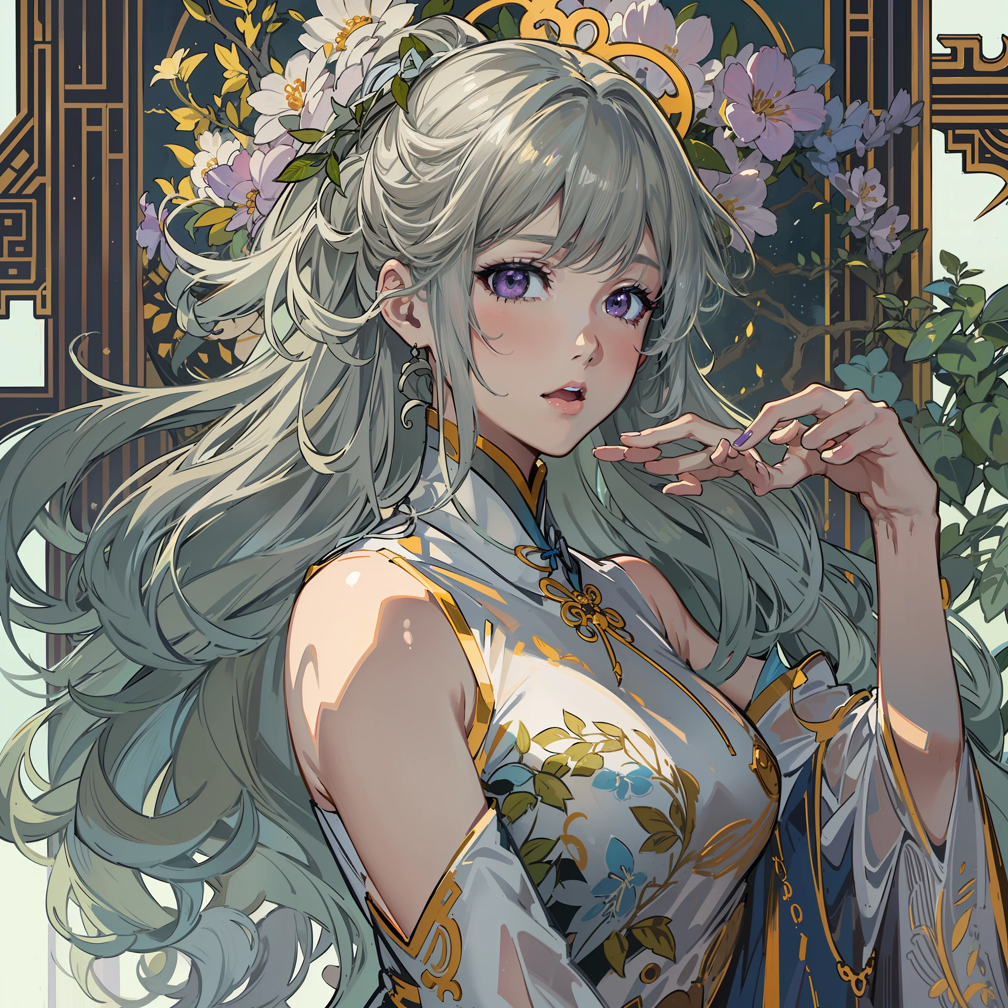 ((电影灯光、top-quality、in 8K、masterpiece))、dynamic ungle、Full body like、Focus:1.4、1girl in、well-formed figure:1.4、Slim abs:1.1、((Silvery hair))、((violet eyes))、Superfine Face、Fine eyes、二重まぶた、((Biologically accurate fingers))、Alphonse Mucha style、Evening glow、Shameful face、(((Anime girl in cheongsam))), Detailed Digital Anime Art, detailed anime art, Detailed anime artwork, anime styled