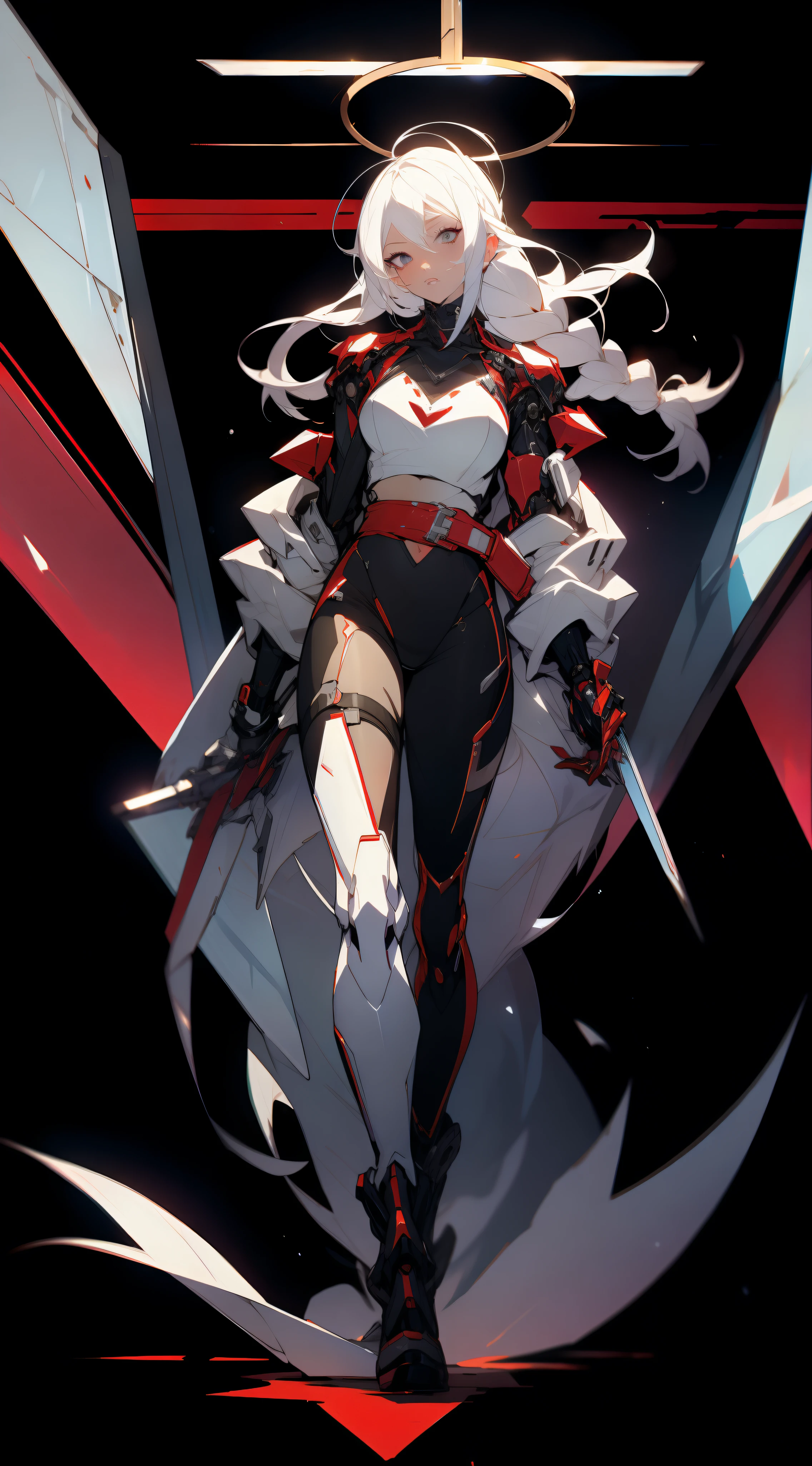 nijistyle, Full body standing painting,full body of cyberpunk paladin lady holding big glowing sword, white tabard, pauldrons, White hair, Braid, Red belt, cybernetic halo, Mechanical arm,