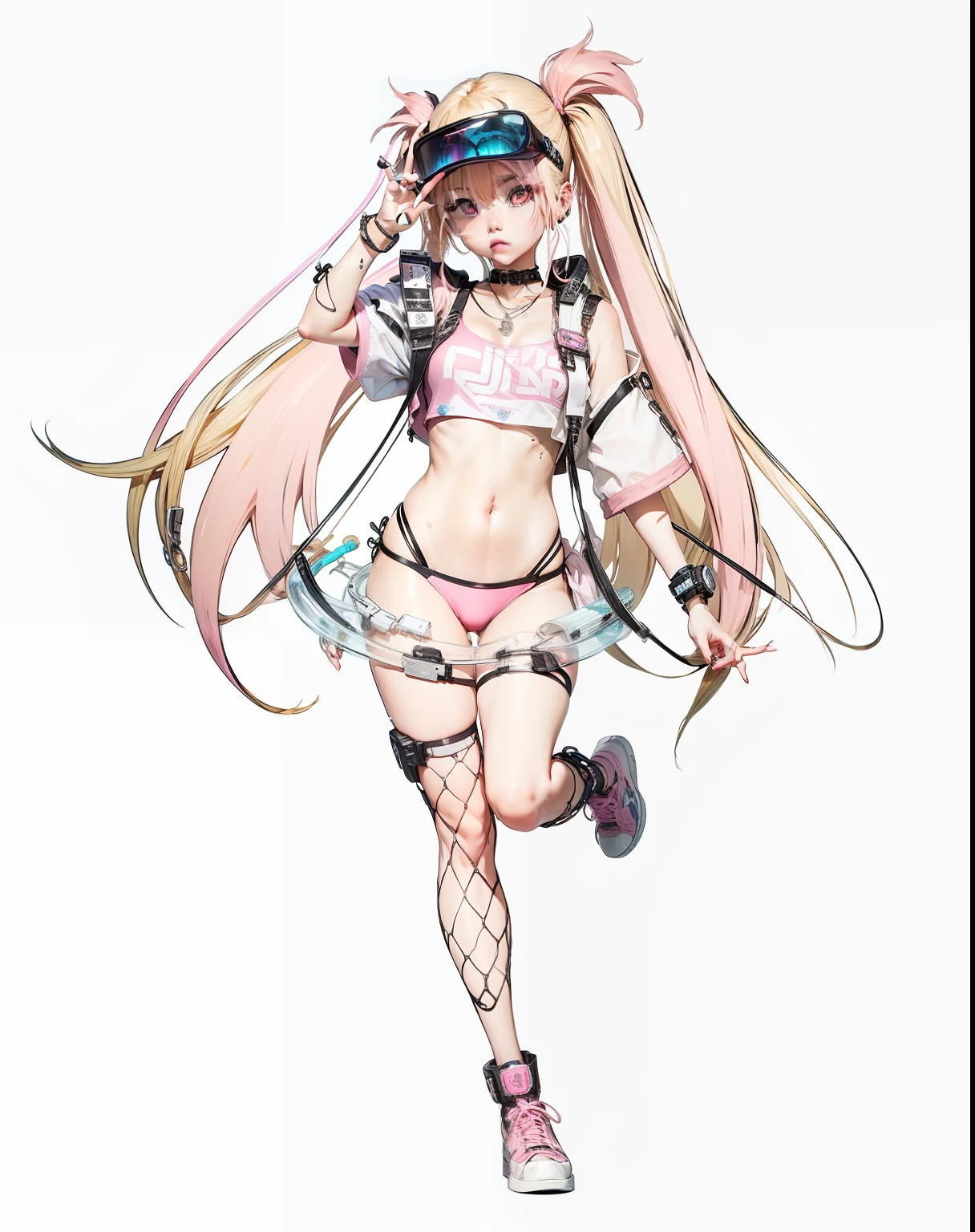 ((a blond+Pink eyes+swim wears+cyberpunked+Half Twin Tail+sun visor+piece sign)) --auto