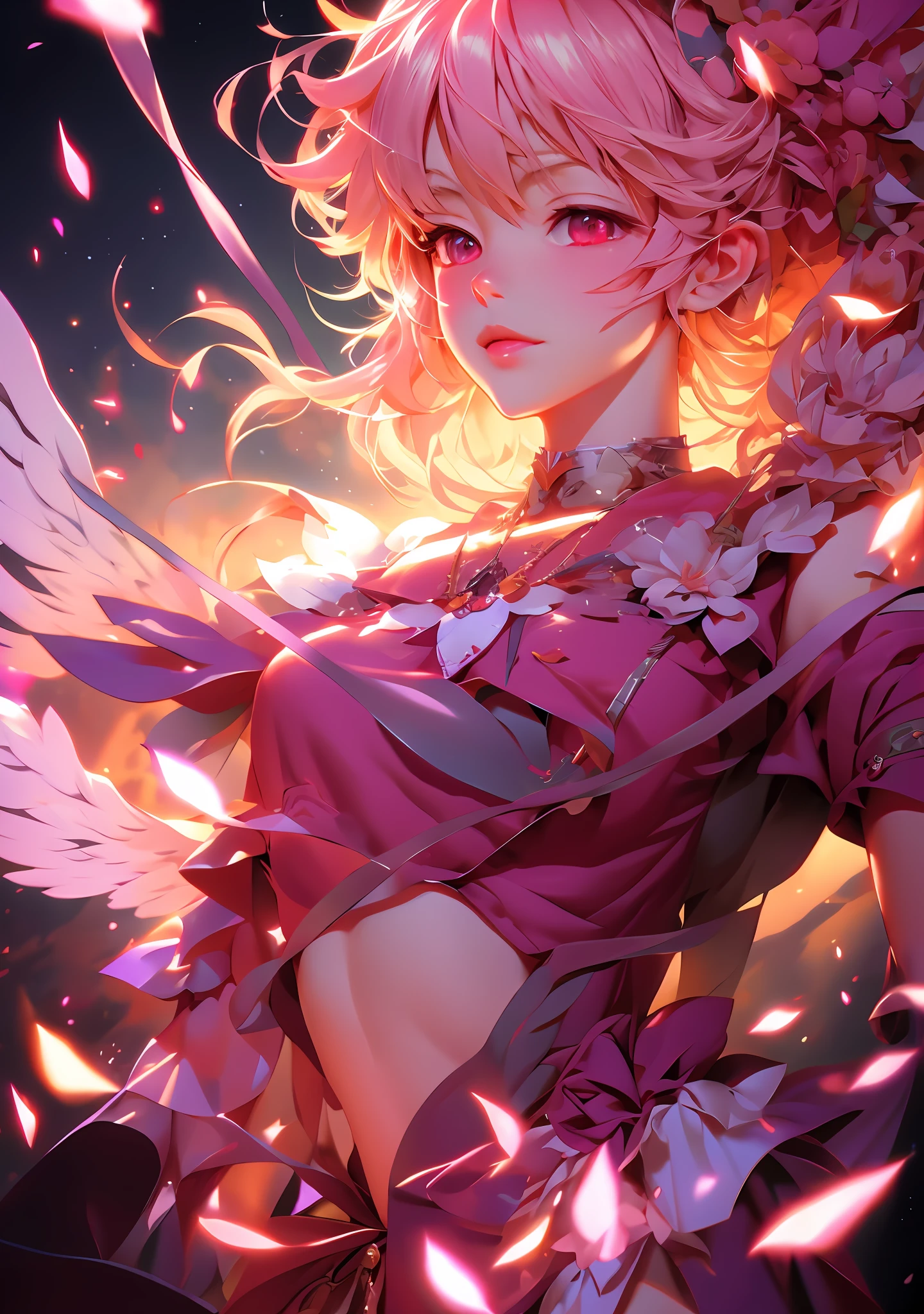 anime girl in pink dress with wings flying in the air, from touhou, digital art on pixiv, demon slayer rui fanart, ufotable art style, soft anime illustration, anime style illustration, portrait of magical girl, digital anime illustration, anime illustration, zerochan art, clean detailed anime art, dreamy psychedelic anime, beautiful anime artwork, anime styled digital art,masterpiece, best quality, (extremely detailed CG unity 8k wallpaper), (best quality), (best illustration), (best shadow), absurdres, realistic lighting, (Abyss), beautiful detailed glow