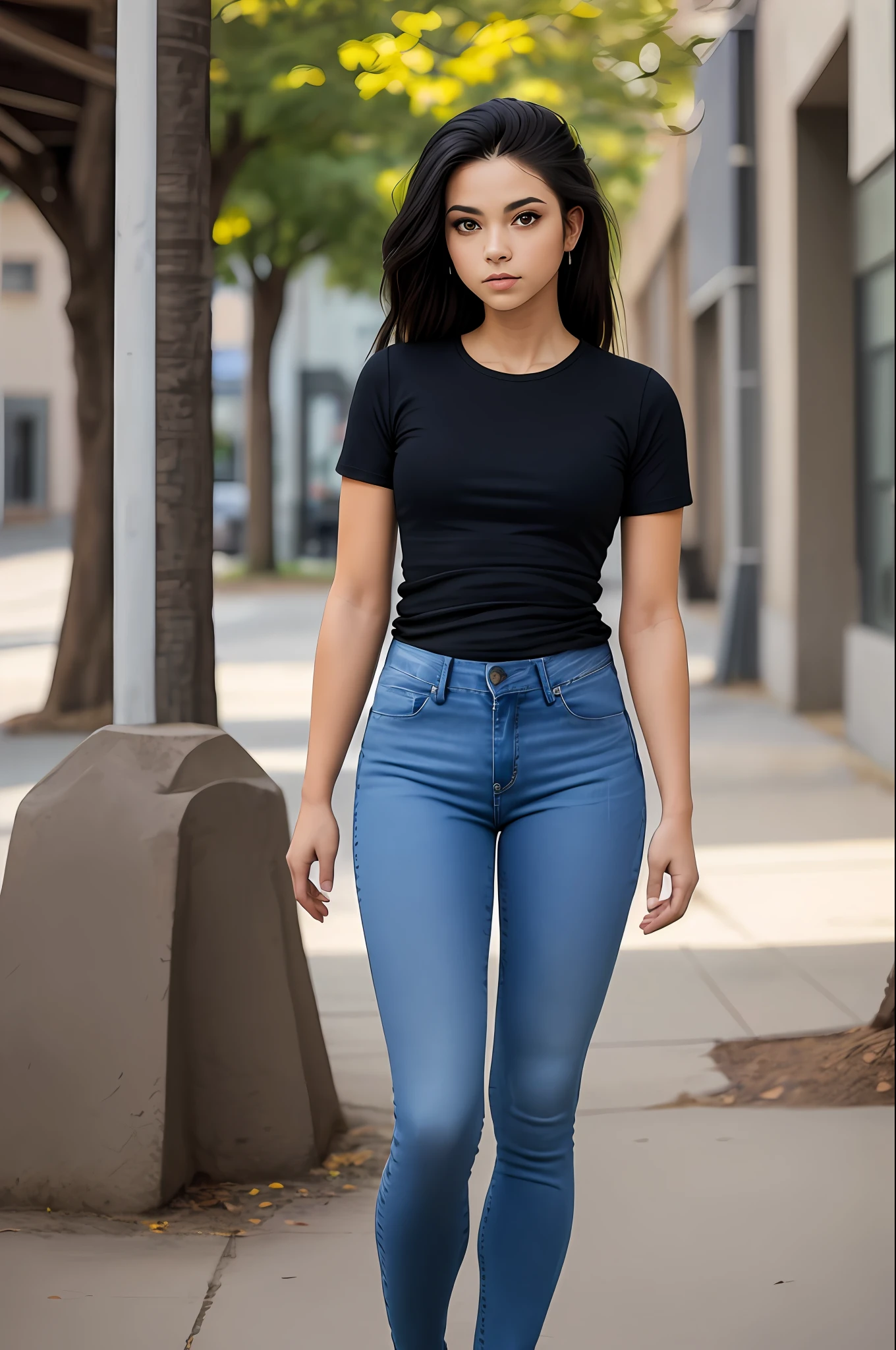 stunning intricate full color portrait, wearing a black round neck plain Tee-shirt, full length tee-shirt, tight jeans, epic character composition, sharp focus, natural lighting, subsurface scattering, f2, 35mm, film grain, half sleeve Teeshirt, dar blue skinny jeans, pretty feets,