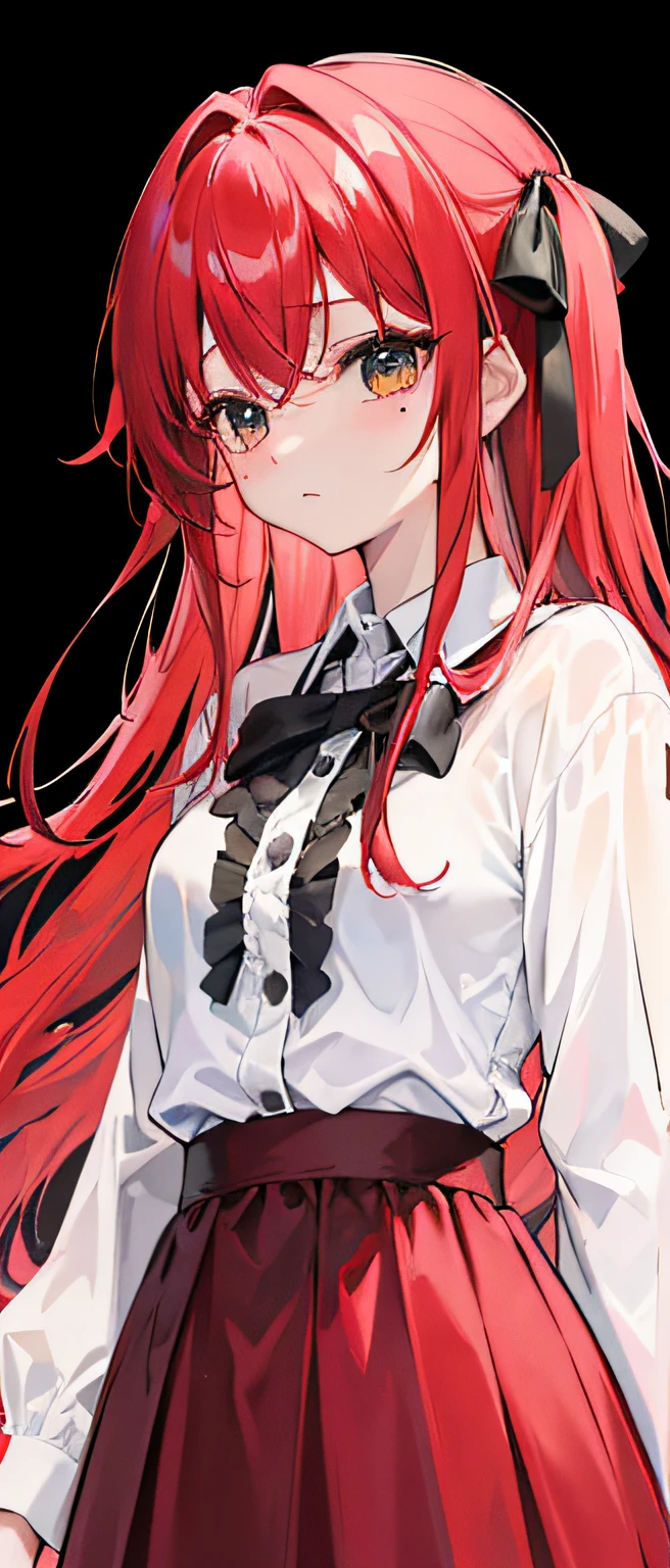 ((4k、masterpiece、top-quality))、girl with、Red-haired、full bodyesbian、独奏、embarrassed from、half up、Mole under the eyes、The long-haired、a black ribbon、vertical-striped shirt、Long skirt、frills skirt、The background is the city of London、Cross your arms behind your back