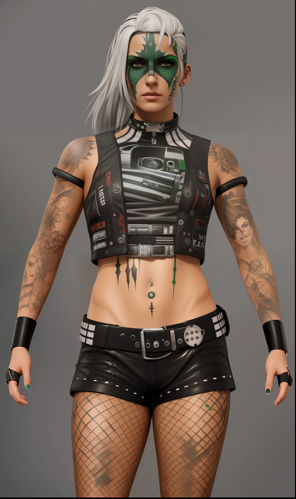(tmasterpiece, beste-Qualit) A detailed 8k illustration of a female mechanic dressed in black and white with green face paint, in a female diesel punk style.