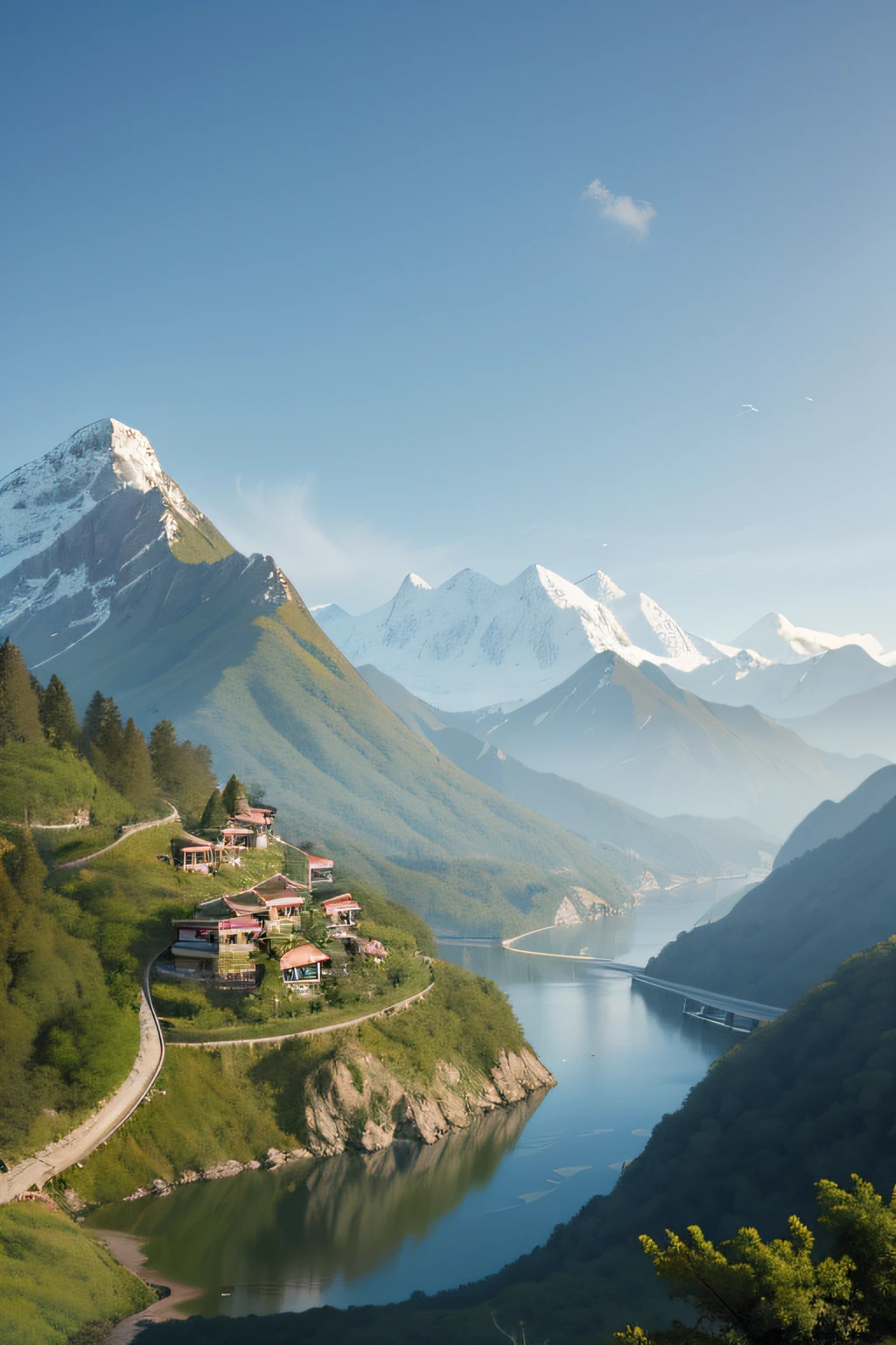 China's mountains, rivers, plains, trees, grass, simple houses, standing people, looking deep into the mountains, thinking, holding ceramic wine glasses in their hands