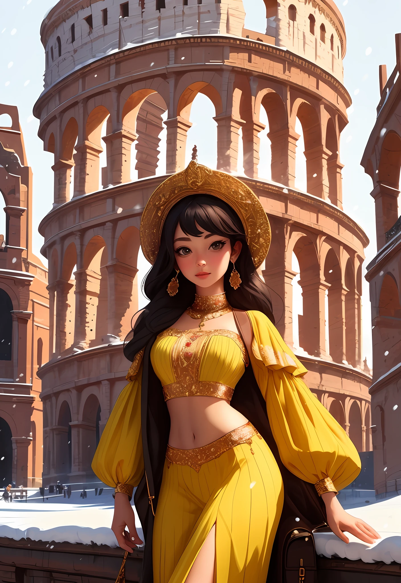 (Positive focus),2girls,duo,navel,(At the Colosseum,crowd,winter,Snowy),Surrealistic Female Portraits by David Hockney and Alphonse Mucha,Fantasy art,photograph realistic, Dynamic lighting,art stations,poster for,Volumetriclighting,Very detailed faces,4K,Award-Awarded,Fantastic costumes,Deep shadows,low tune,cowboy lens, (official outfit:1.4), looking at the camera in, Half-body shot,((Realistic face))),