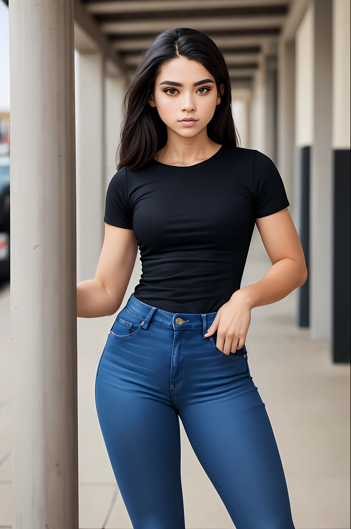 stunning intricate full color portrait, wearing a black round neck plain Tee-shirt, full length tee-shirt, tight jeans, epic character composition, sharp focus, natural lighting, subsurface scattering, f2, 35mm, film grain, half sleeve Teeshirt, dar blue skinny jeans, pretty feets,