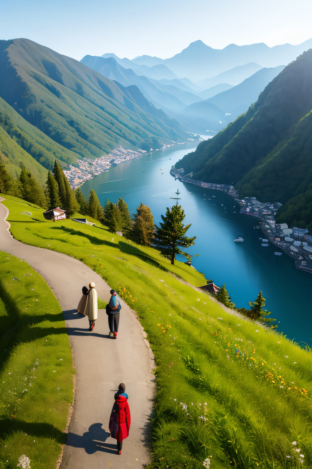 China's mountains, rivers, plains, trees, grass, simple houses, standing people, looking deep into the mountains, thinking, holding ceramic wine glasses in their hands