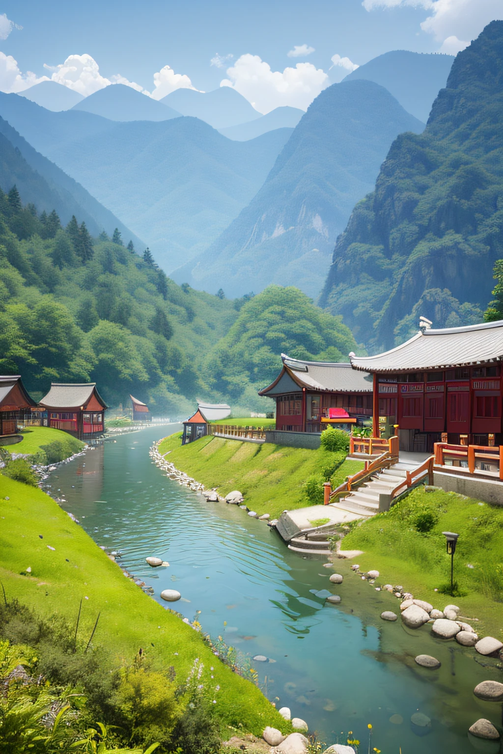 China's mountains, rivers, plains, trees, grass, simple houses, standing people, looking deep into the mountains, thinking, holding ceramic wine glasses in their hands