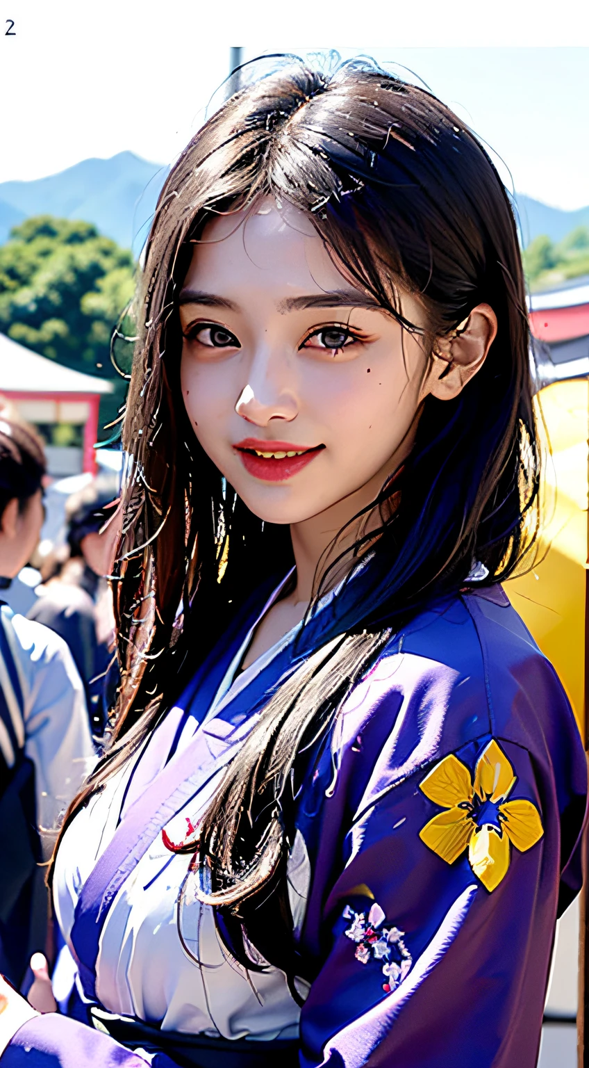 best qualtiy、​masterpiece、photoRealstic、intricate-detail、Raw foto、Photon Rendering、Octane Rendering、absurderes、ultra-detailliert、A detailed face、Detailed skin、Trending in art stations、8K Masterpiece、lighting like a movie、( (1girl in))、((独奏) ))、CG Social Trends、Plastic En、((Black Long Hair))、((Beautuful Women))、(A smile)、Upper teeth、Fashionable、Hair that flutters in the wind、((Flowing hair))、fashion magazine、((A sexy))、((lighting like a movie)、((indirect lighting)、、(ssex)、Grinning、(View from a distance)、((Festival of Japan))、Purple kimono、