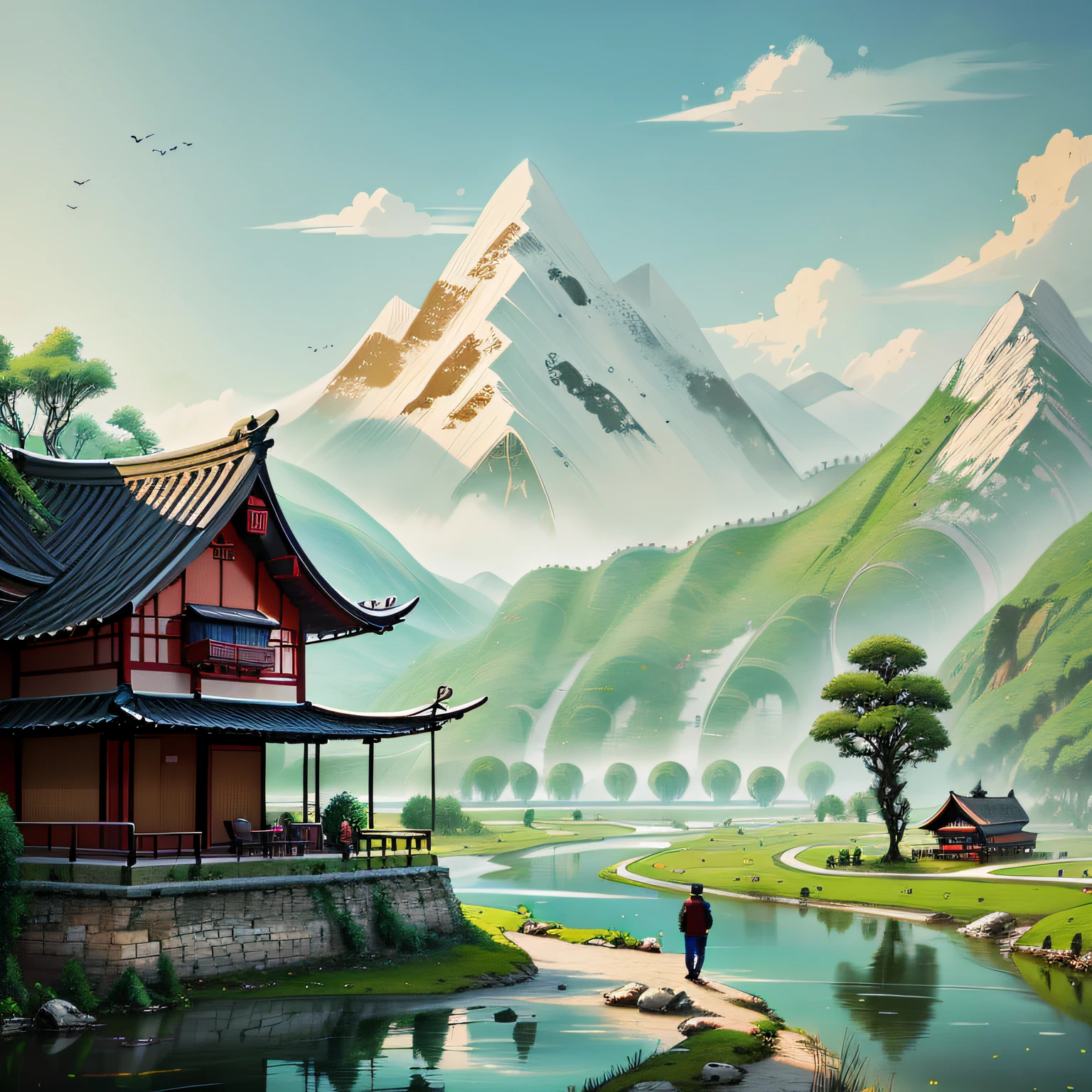 China's mountains, rivers, plains, trees, grass, simple houses, standing people, looking deep into the mountains, thinking, holding ceramic wine glasses in their hands