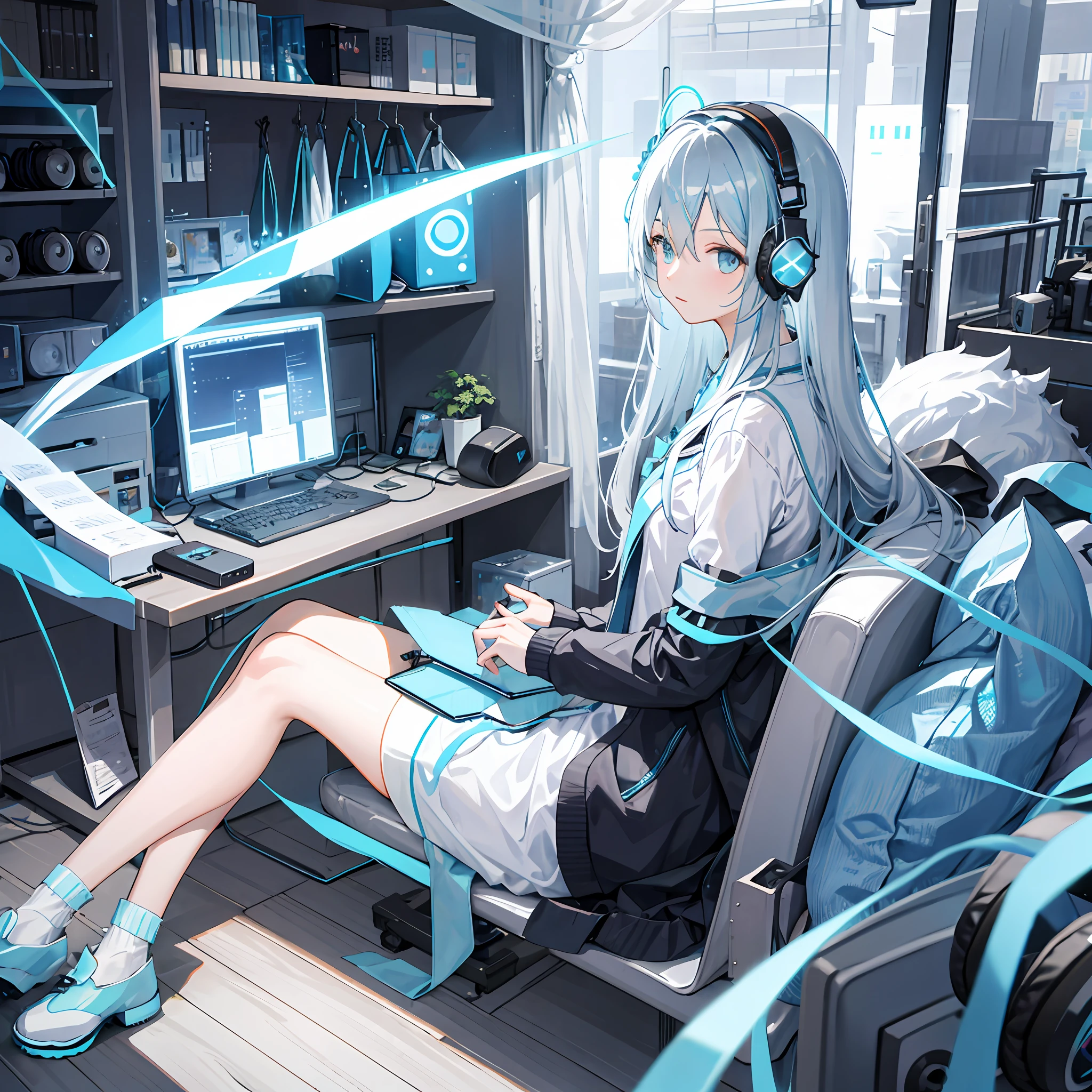 femele,Silvery hair(((Light blue headphones))),Listening to music,Listen intently,The background is the city center,Like Tokyo,firmament,​​clouds