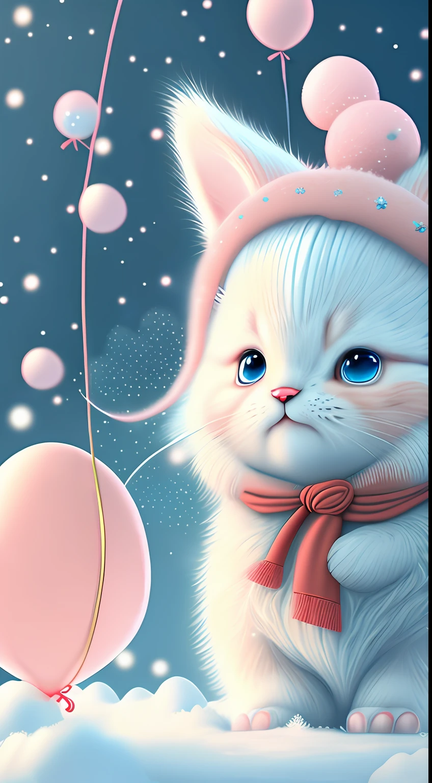 In this ultra-detailed CG art,Cute kittens surrounded by ethereal balloons,laughingly,blingbling,red colour,Best quality at best,A high resolution,Complicated details,fanciful,cute animal,Funny,Open-mouthed!!!,laughingly!!,To the right!!!