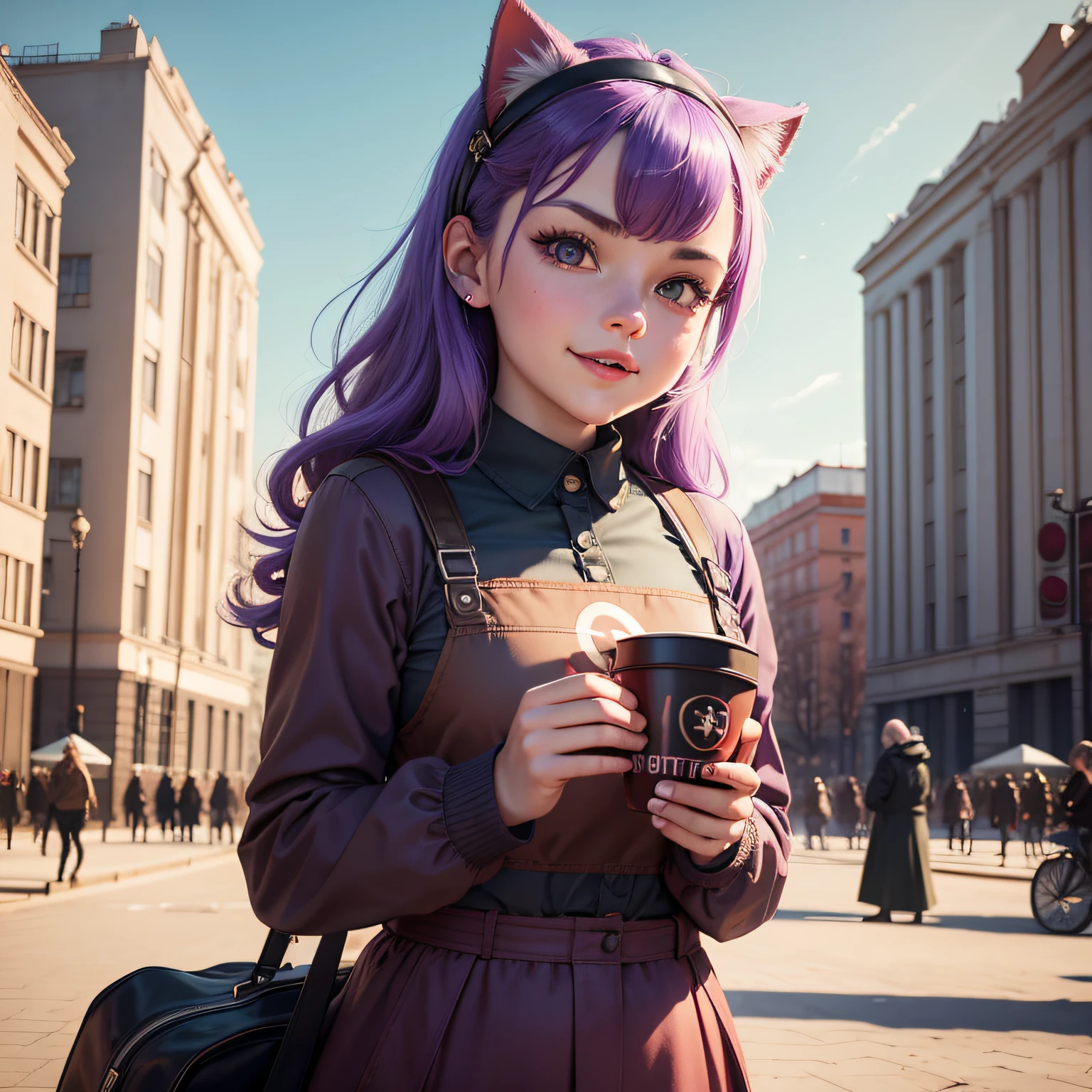 Soviet style, soviet propaganda poster, virtual_youtuber, Best Quality, masutepiece, Girl having fun with cat in the middle of empty park, lomg purple hair, wearing barista attire,advertisement