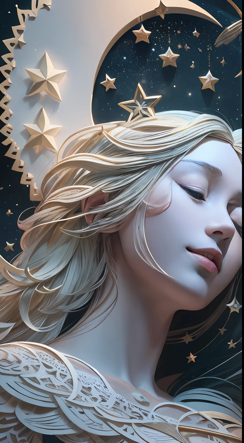 illustration: 1.3), paper art, 3D rendering of, Stars moon background, (Beautiful side face，closing her eyes: 1.3), (Masterpiece Angel 1.2) , Colorful, Best quality, Detailed details, Masterpiece, offcial art, movie light effect, 4K, Chiaroscuro , Flash