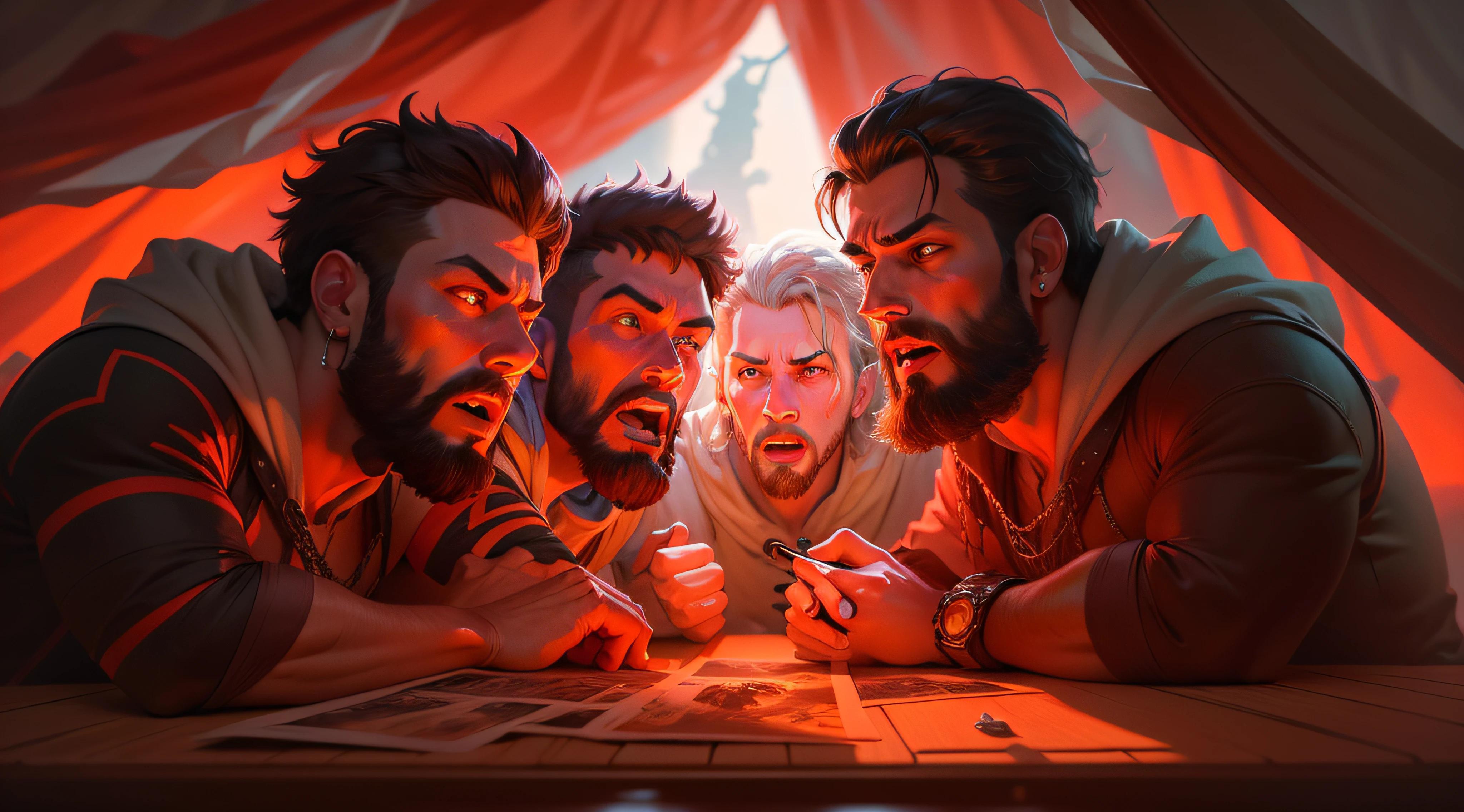There are five men with scared faces out of a red tent, Epic portrait illustration, Arte digital detalhada em 4k, epic digital art illustration, stunning digital illustration, rossdraw desenho animado vibrante, Procreate Illustration, rossdraws global illumination, full art illustration