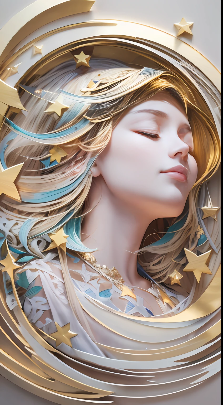 illustration: 1.3), paper art, 3D rendering of, Stars moon background, (Beautiful side face,closing her eyes: 1.3), (Masterpiece Angel 1.2) , Colorful, Best quality, Detailed details, Masterpiece, offcial art, movie light effect, 4K, Chiaroscuro , Flash